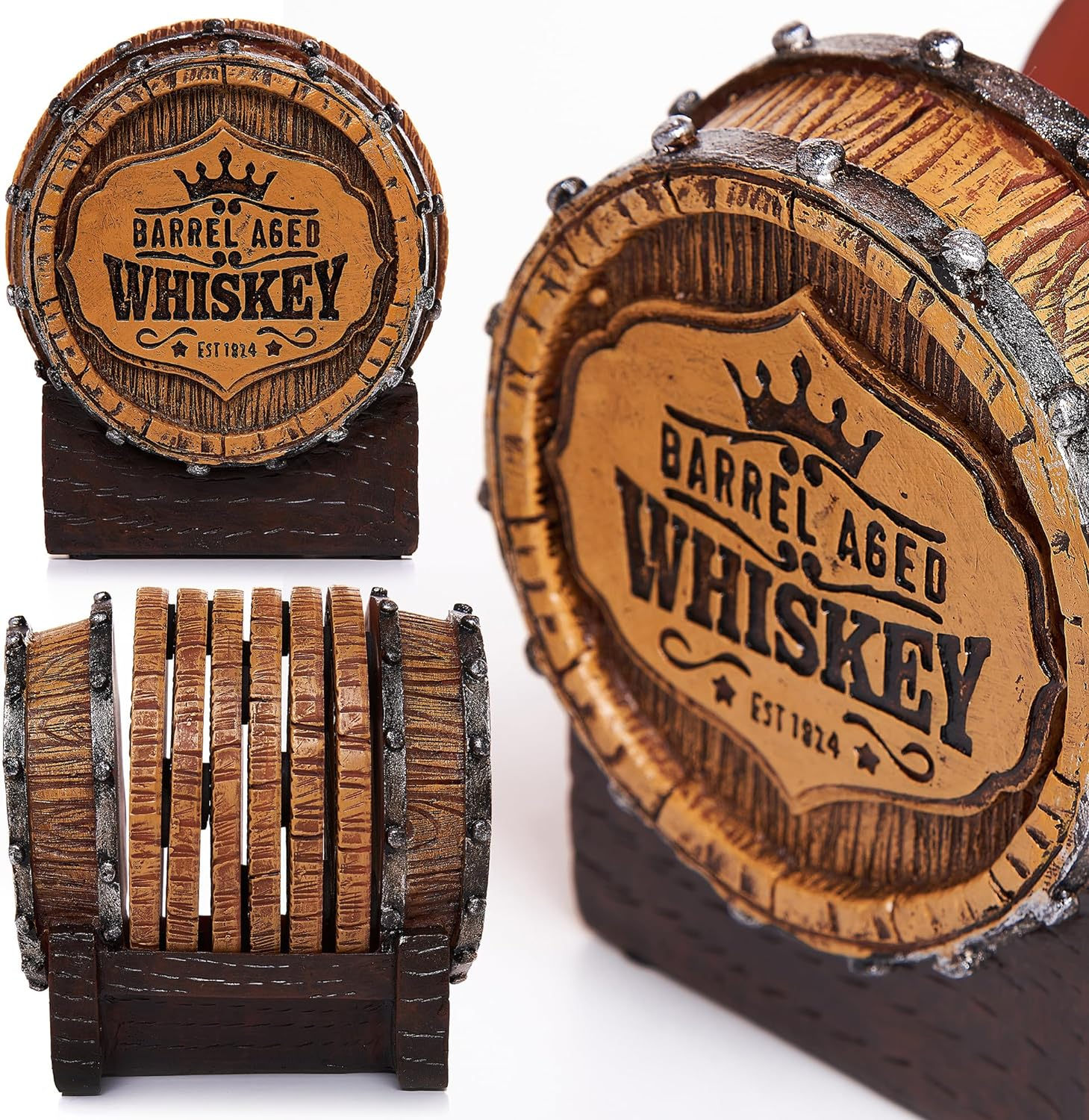Whiskey Barrel Coaster Set &ndash; Handcrafted Whiskey Barrel Decor for Whiskey Lovers and Man Cave Gifts for Men - 6 Full Size Whiskey Coasters with Barrel Style Holder for Man Cave D&eacute;cor image number 2