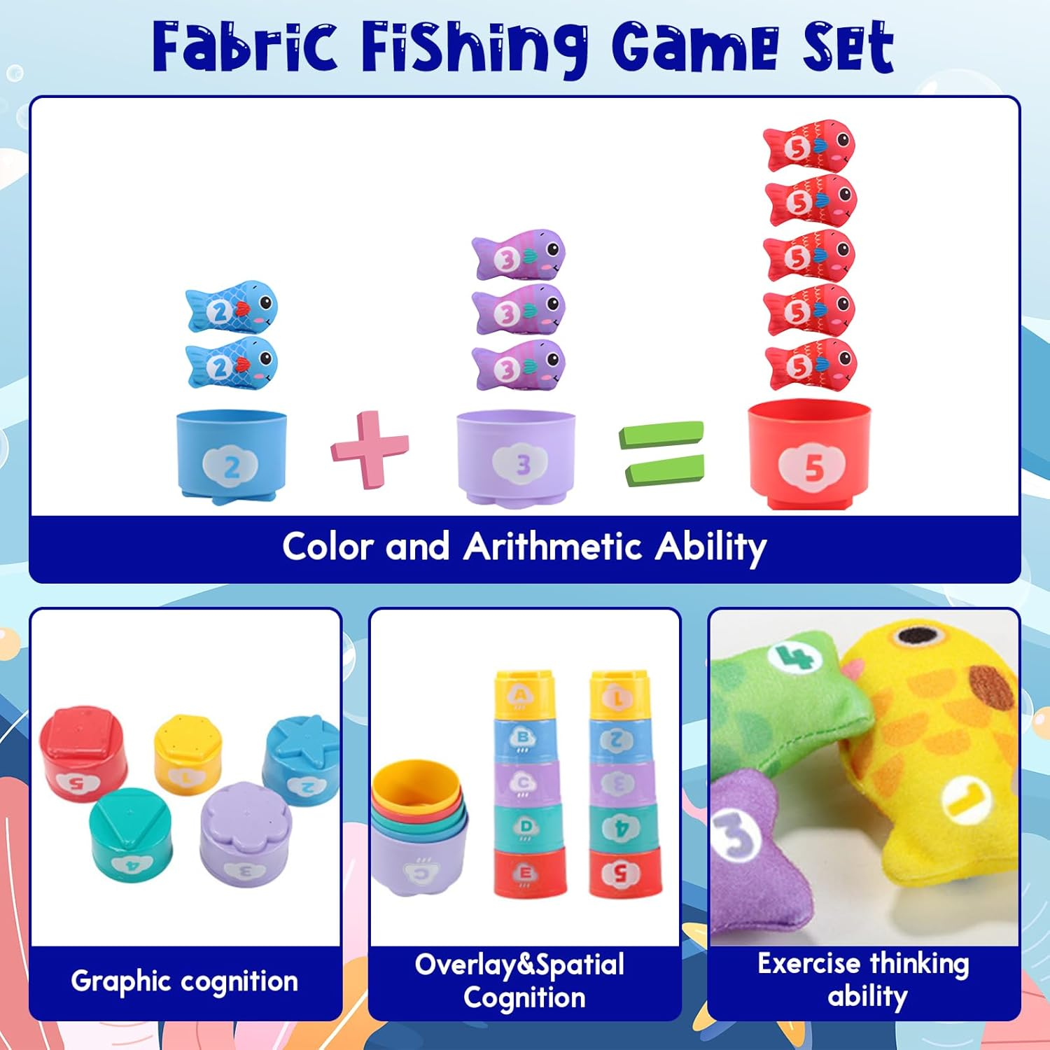 Montessori Toys for 1 Year Old,1-3 Year Old Boys Girls Gifts,Baby Toys 6-18 Months Cloth Fishing Game with Baby Stacking Cups,Number Counting,Color Sorting,Graphic Cognition,Mind Expansion image number 5