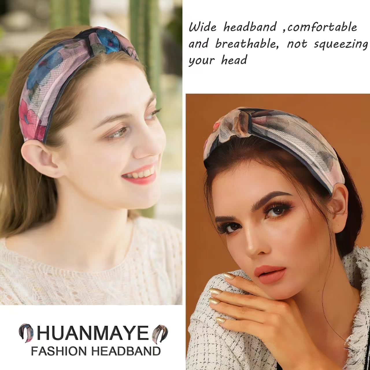 3 X Wide Headband, French Bow Knot Hair Hoop, Fabric, Non-Slip Headwear, Elastic Twist Hair Accessories, Alice Hair Bands for Women, UK (Flower2Vde) image number 4