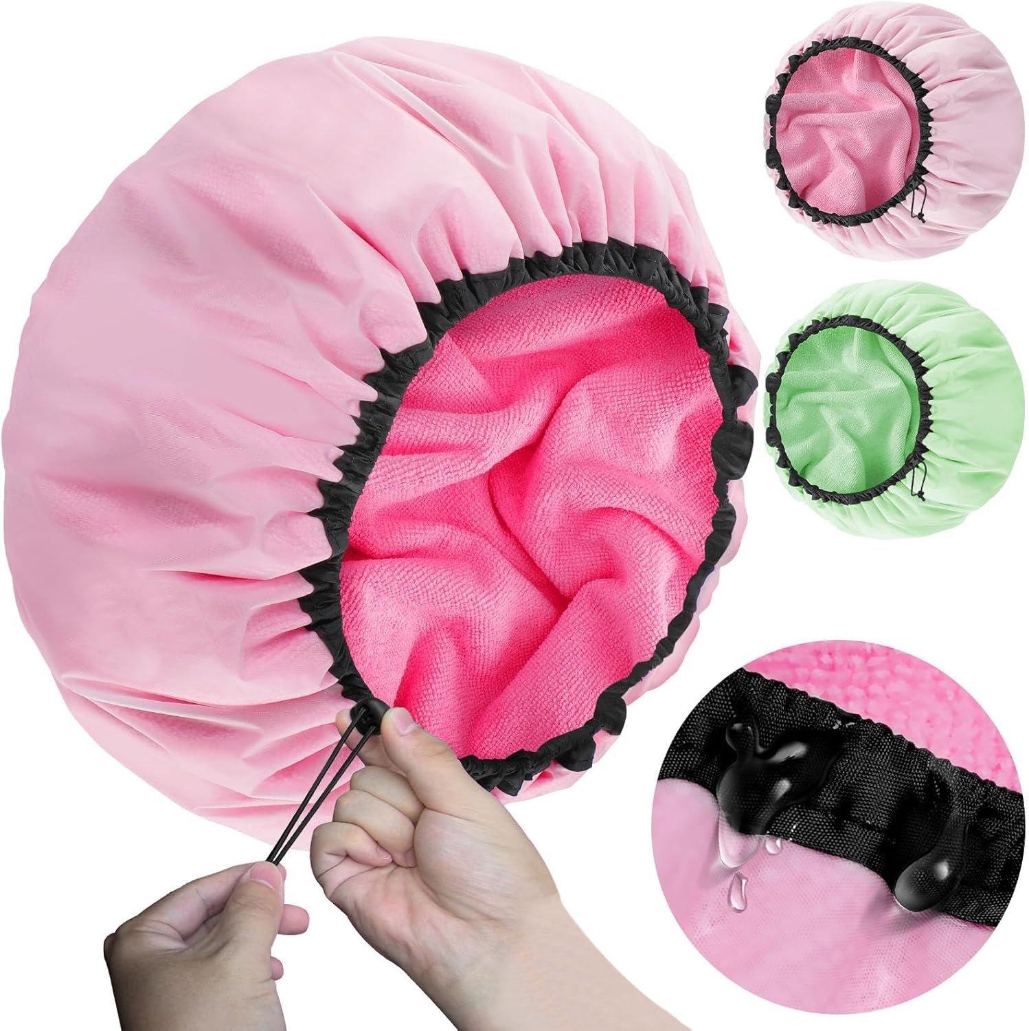 Sheomern 2 Pcs 13.5" Dual Waterproof Adjustable Terry Lined Shower Cap for Women Men, Large Shower Caps Reusable EVA Double Layer Bath Cap for Braids, Long Hair, Dreadlocks, Locs