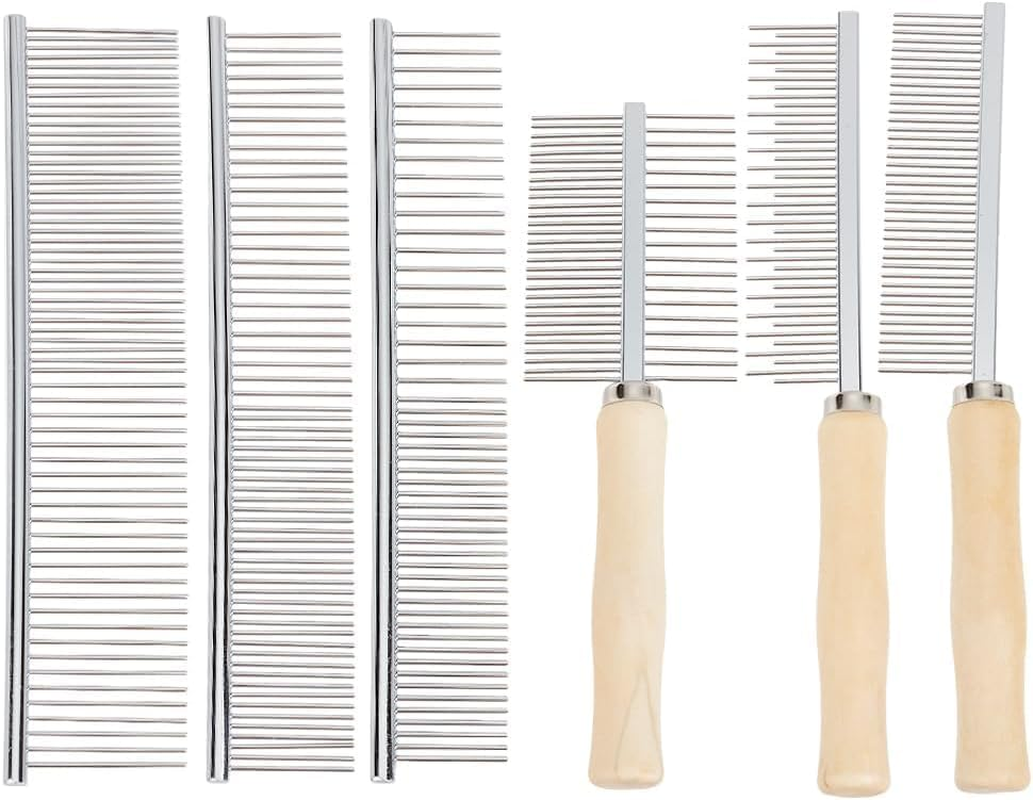 6Pcs Pet Stainless Steel Tooth Metal Combs Mixed Size Grooming Combs Set Double Sided Shedding Brush Professional Pet Dematting Combs with Wooden Handle for Dog Cat Hair Removing (Silvery, One Size) image number 2