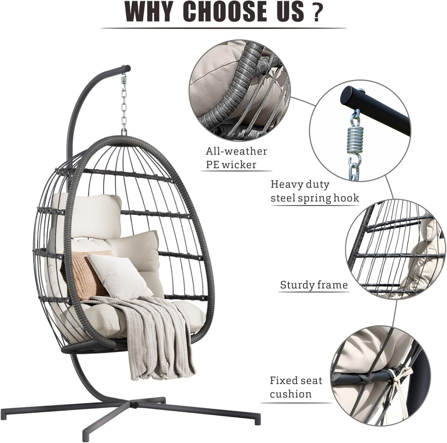 Dystler Hanging Egg Chair with Stand, Patio Wicker Egg Swing Chair with Cushion for Bedroom Garden Indoor Outdoor (Beige) image number 3