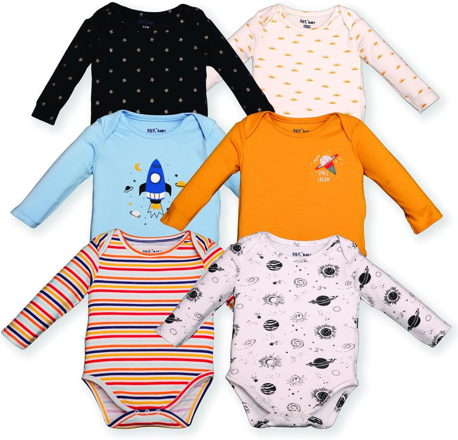 Baby 6 Piece Bodysuit Set with Space-Themed Print, Long Sleeves, 100% Cotton (Multi Pack of 6) image number 2