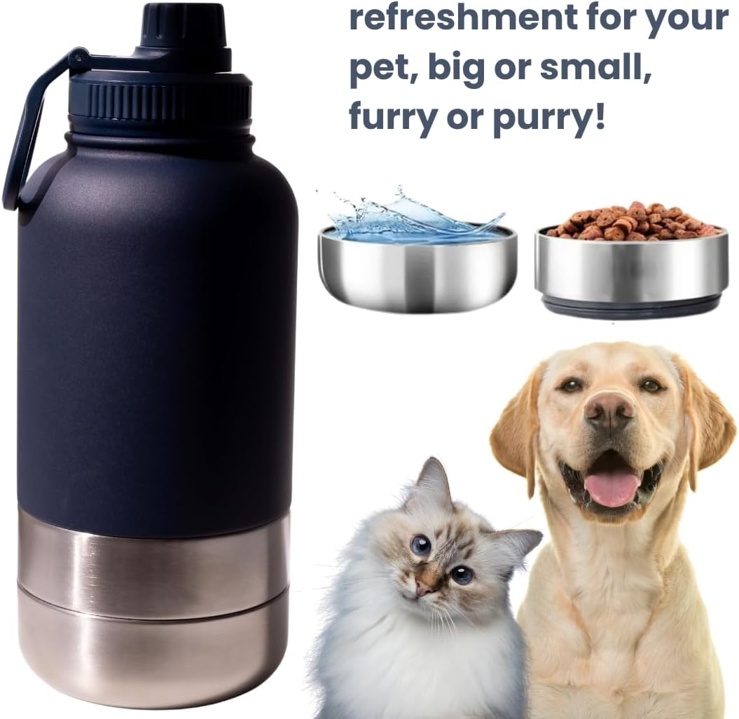 2-In-1 Dog Water Bottle & Food Dispenser, Insulated Stainless Steel Travel Bottle with Built-In Bowl, Portable Pet Hydration for Hiking & Outdoors (Dark Blue) image number 2