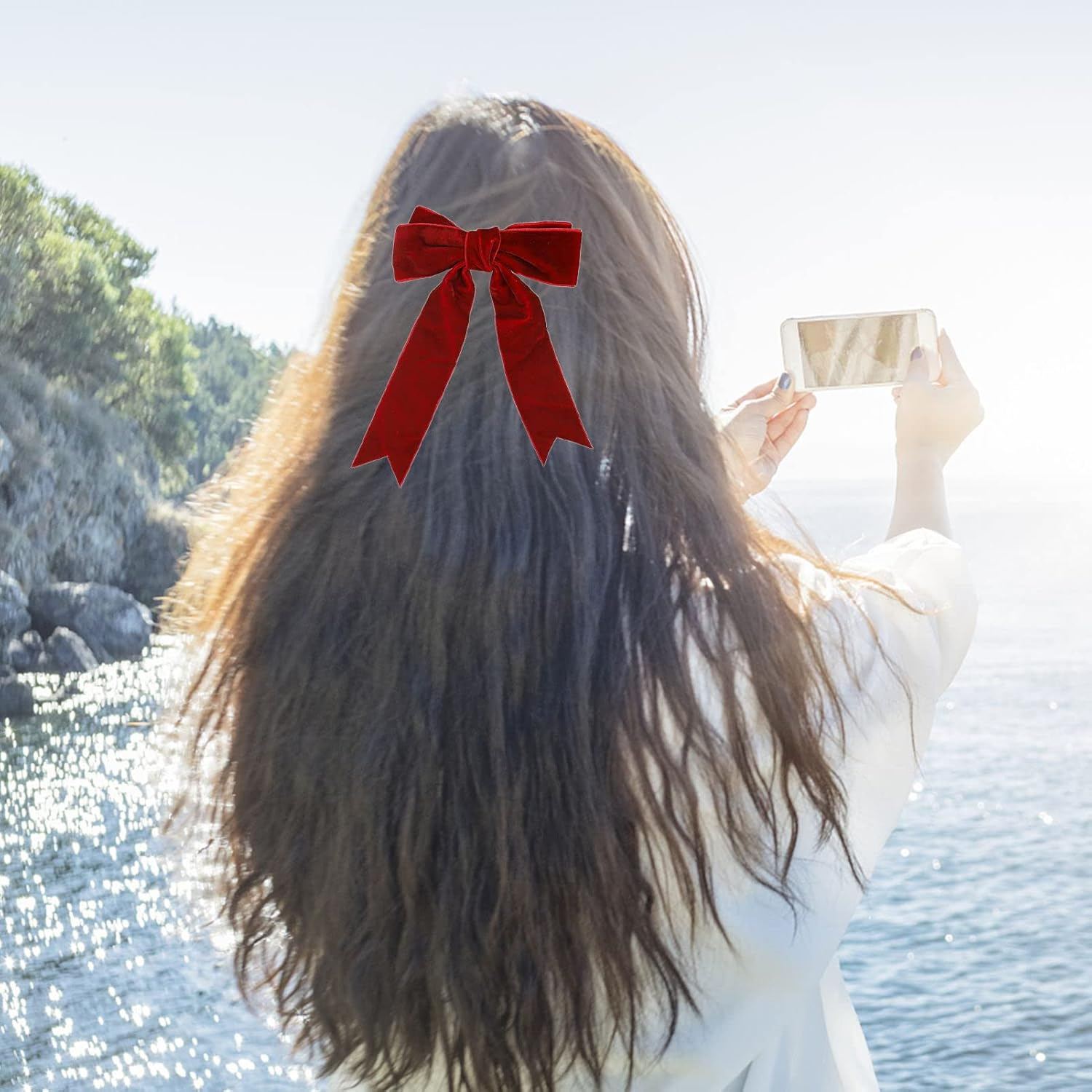 2Pcs Velvet Bow Hair Clip,Large Satin Ribbon Bow Hairpins,Bows Hair Barrettes Fastener French Hair Bows with Long Ribbon Vintage Party Hair Accessories Women Girls Gifts 2PCS (Black & Red Velvet) image number 5