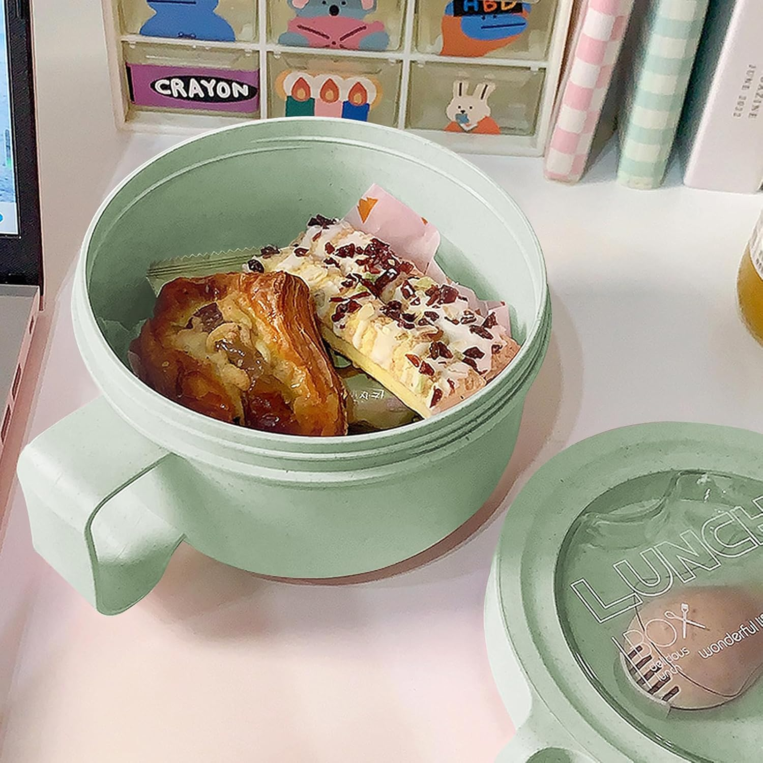 2Pack 28.7Oz Wheat Straw Microwave Ramen Bowl Set Noodle Bowls with Lid and Spoon,Improved Easy-Grip Design for On-The-Go - Holds Soup, Rice, Cereal,More,Bpa-Free(Pink+Green) image number 6