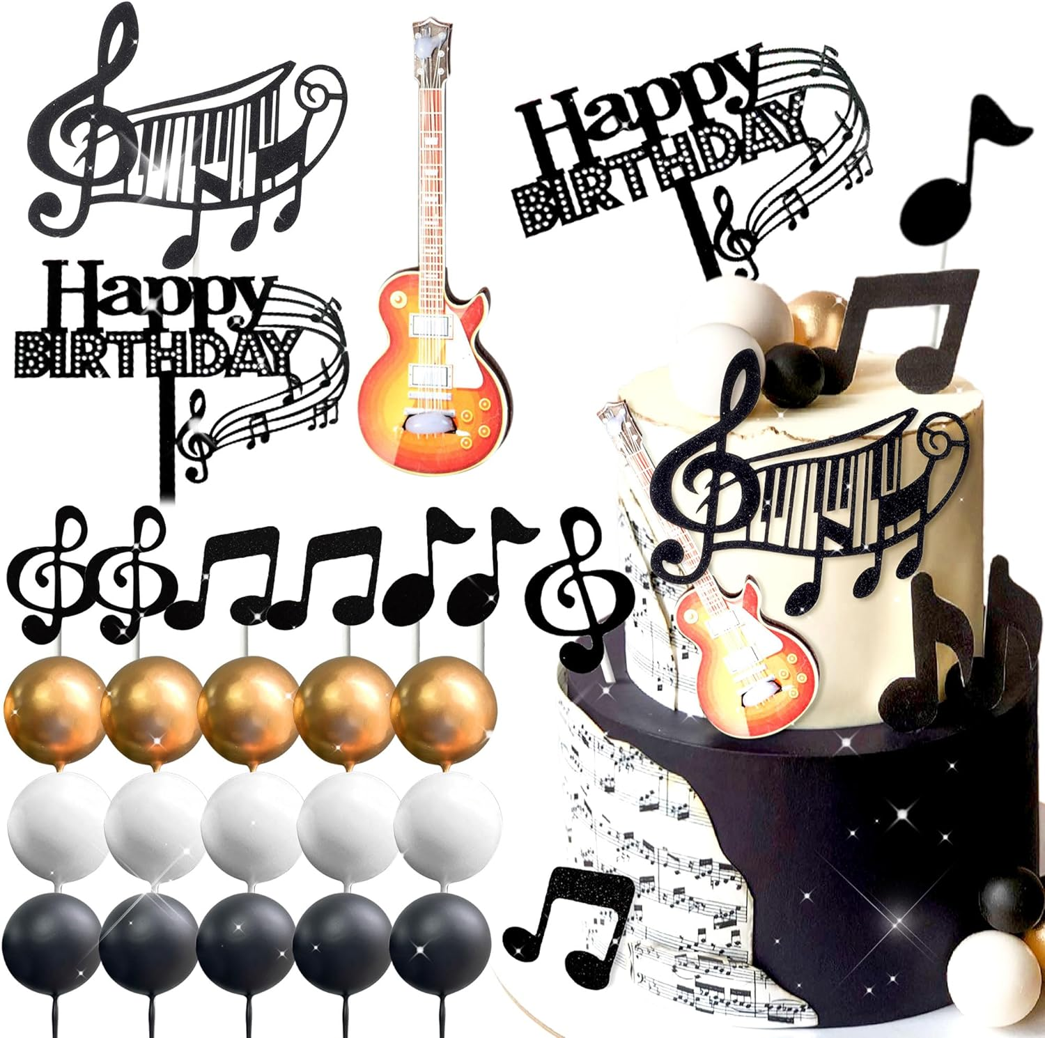 Jevenis Rock Music Cake Topper Guitar Cake Toppers Music Notes Balls Cake Decorations for Musician Birthday Party Rock Theme Party