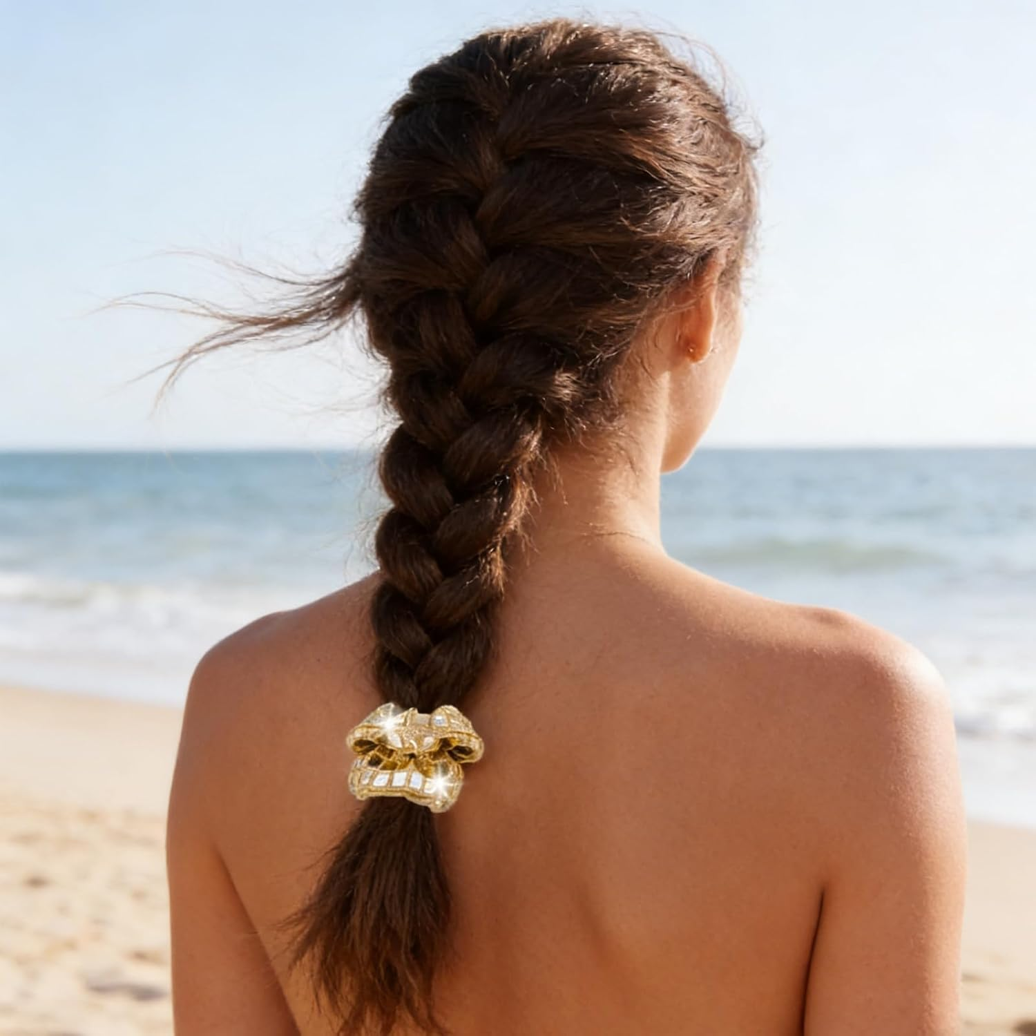 Women Girls Gold and Silver Glitter Sequin Hair Bands Elastic Metallic Glitter Ponytail Holder for Disco Retro Theme Party Music Festival image number 3