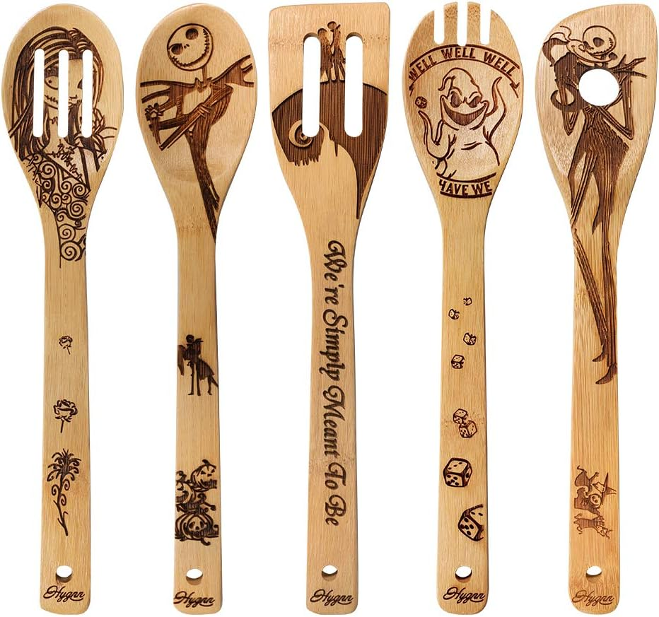 Idea Utensil Burned Wooden Spoons Set House Warming Wedding Present Slotted Spoon 5 Piece