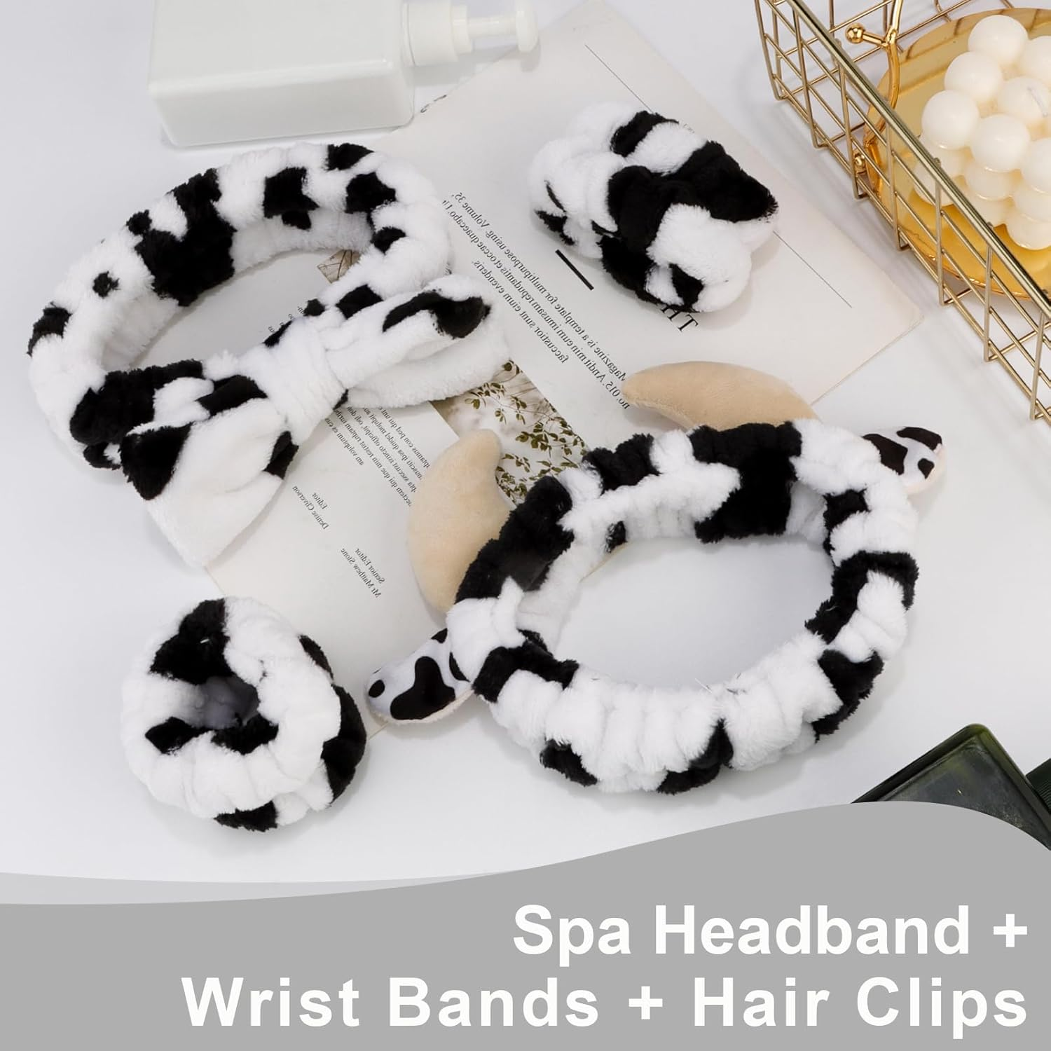 Canitor Cow Print Spa Headband and Wrist Bands Kit for Washing Face Soft Makeup Headband Cute Cow Ears Skincare Headband Wristband Set Stuff Gifts for Women Girls
