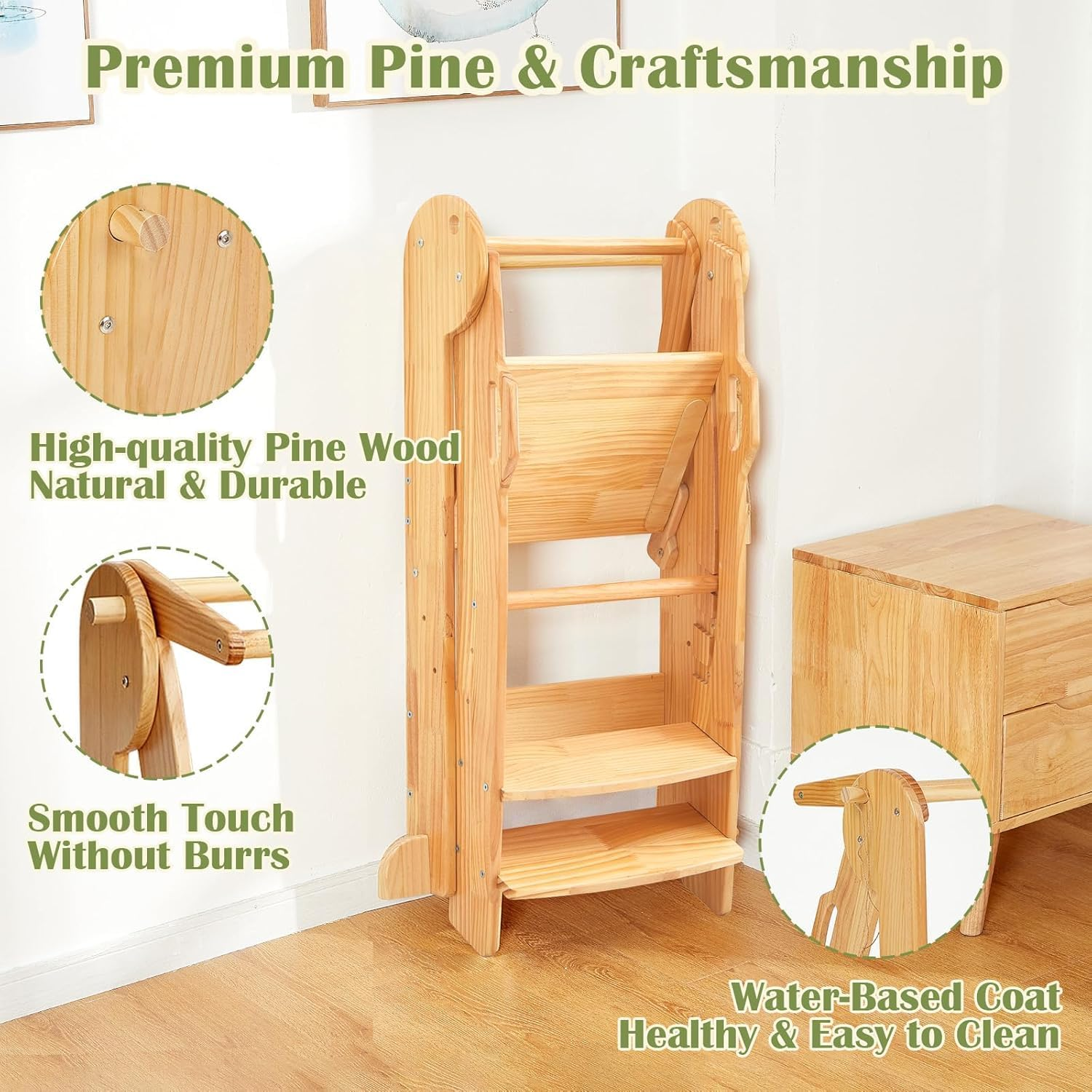 Foldable Toddler Kitchen Tower, Baby Montessori Kitchen Helper with Safety Rail, Kids Wooden Learning Tower Adjustable Learning Step Stool (Wood) image number 6