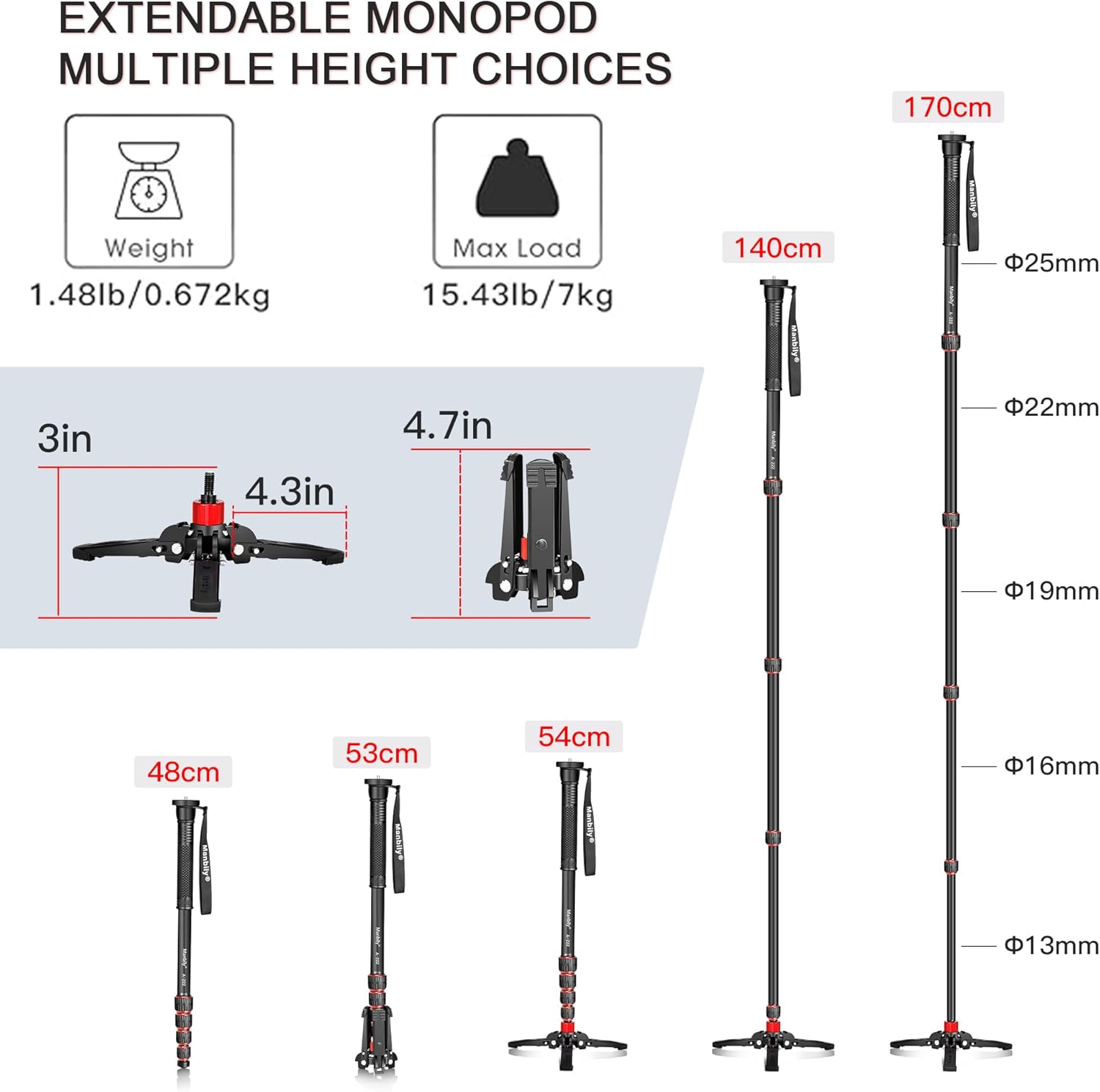 Manbily Extendable Camera Aluminum Monopod with Feet, 170Cm Monopods for Cameras Portable with Removable Tripod Base for DSLR Canon Nikon Sony Video Camcorder, 5 Sections, Max Load 15.5 Lbs (A-222) - Black+Red image number 4