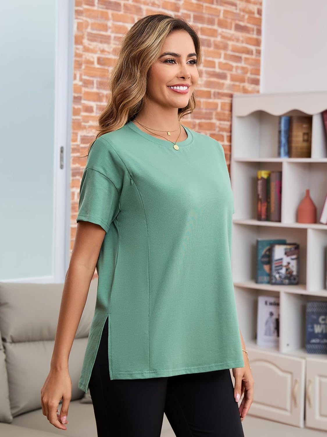 Ecavus Women'S Oversized Nursing Shirts for Breastfeeding with Hidden Zipper Short Sleeves Side Splits Maternity Tops image number 3