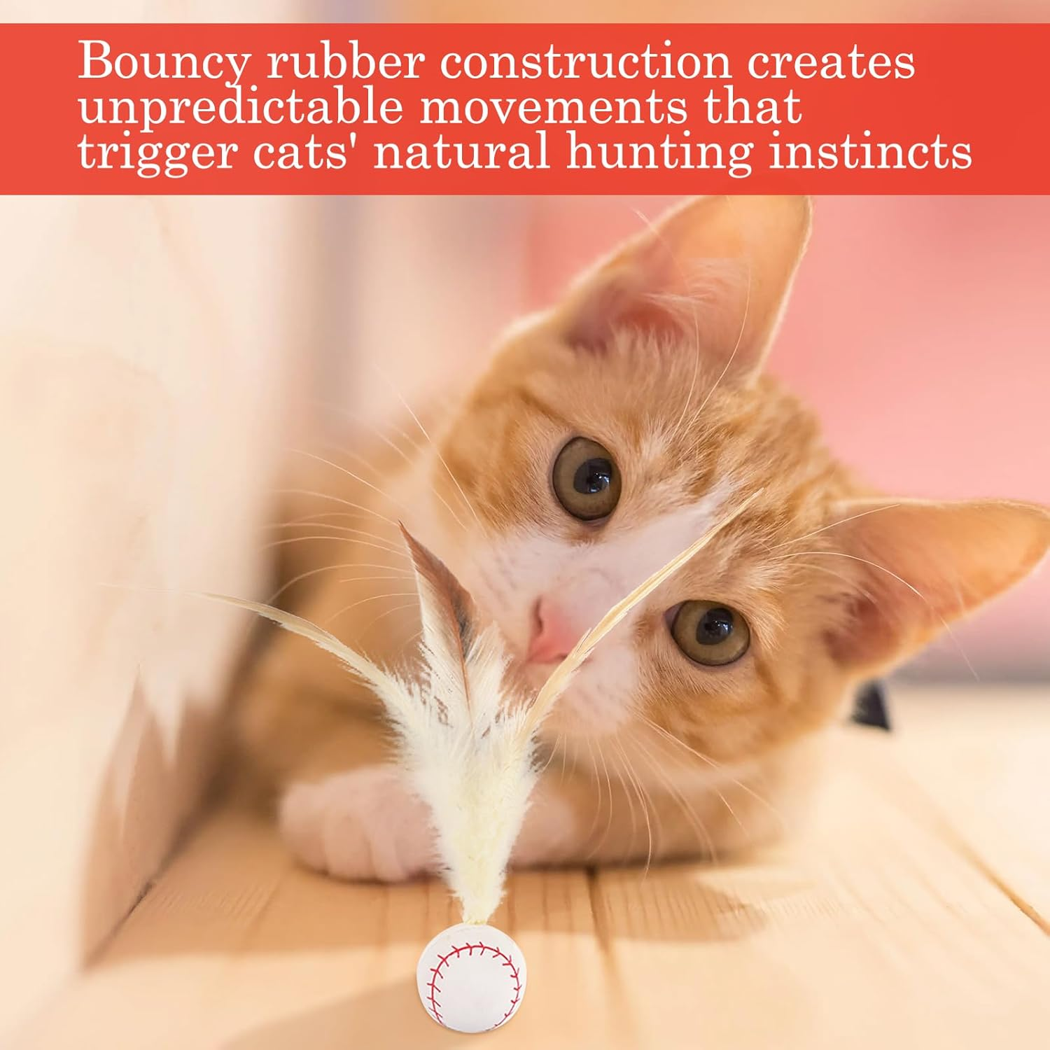 Cat Toys, Cat Toy Ball, 3 Pcs Kitten Toys, Interactive Cat Feather Toys, Interactive Accessory for Kitten Having Fun Exerciser Playing, Rubber High Rebound Bouncy Tails Balls for Indoor Outdoor image number 2