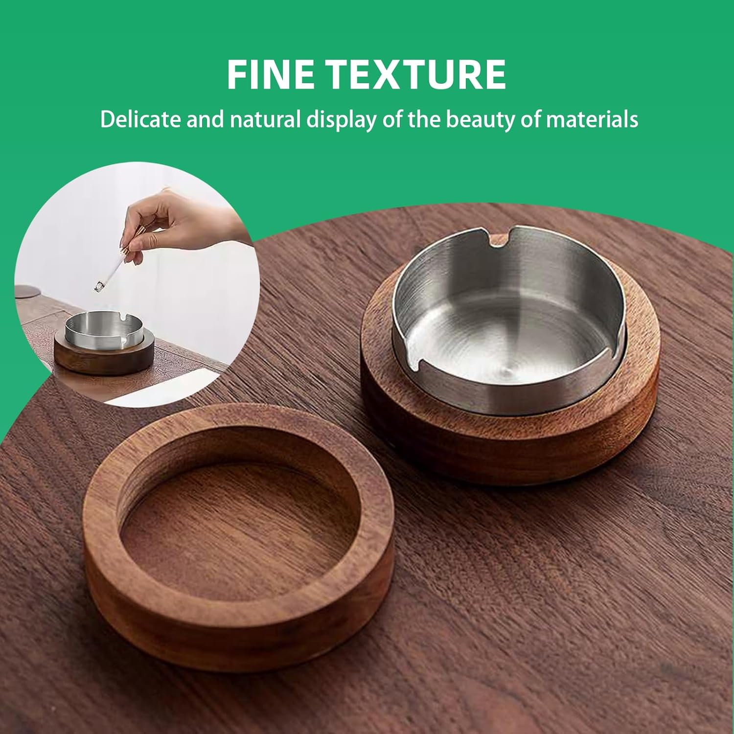 Wooden Ashtray with Stainless Steel Inner Box - Flameproof Design with Lid anti Fly Ash with Trough - Portable Office and Home Decorative Indoor Outdoor Use