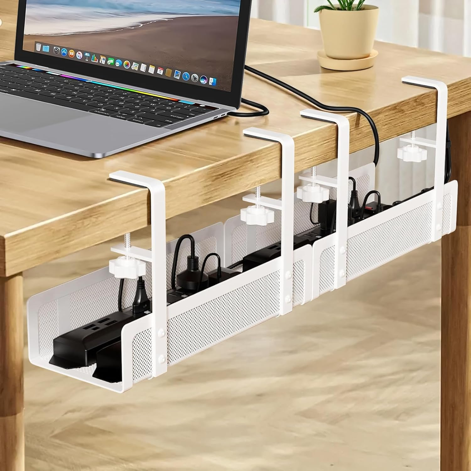 Under Desk Cable Management Tray, 27.6In No Drill Cable Tray, Desk Cable Management Box with Clamp for Desk, under Desk Storage for Office Home, White image number 2