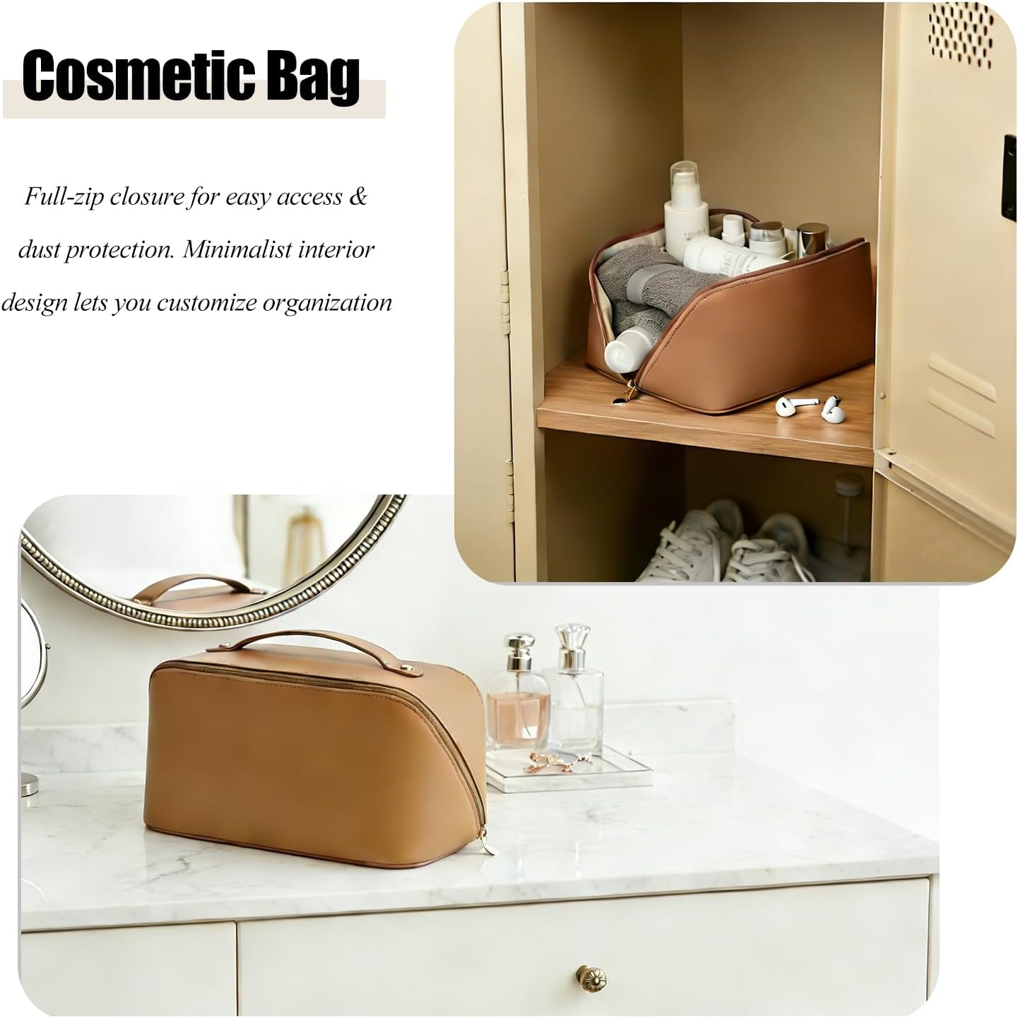 Makeup Bag,Large Capacity Make up Bag,Portable Travel Cosmetic Case for Women,Waterproof Toiletry Storage Organizer Pouch - Brown image number 3