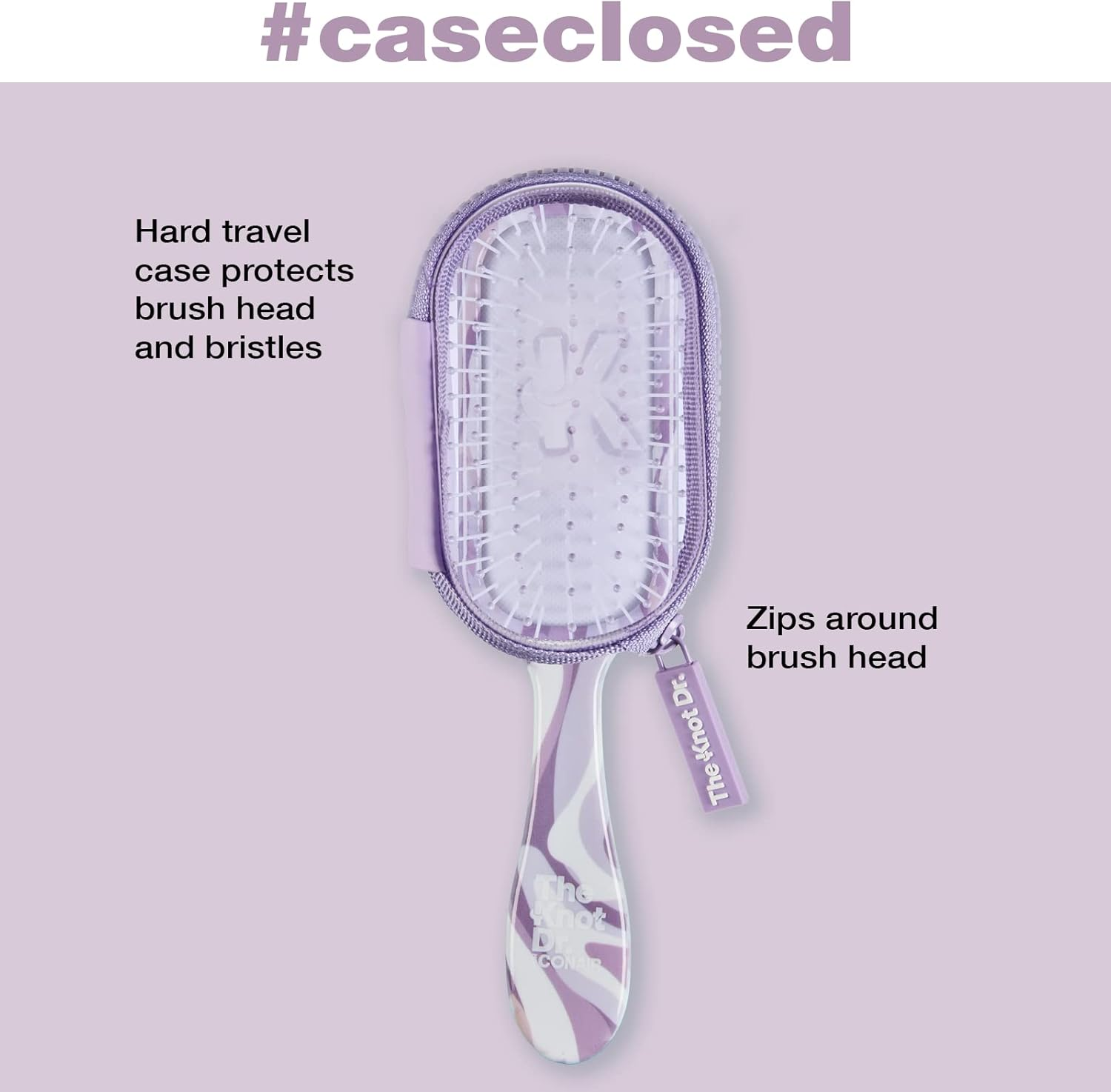 Conair the Knot Dr. for Mini Hair Brush, Wet and Dry Detangler with Clear Storage Case, Removes Knots and Tangles, for All Hair Types, Marblized Lavender Print image number 5