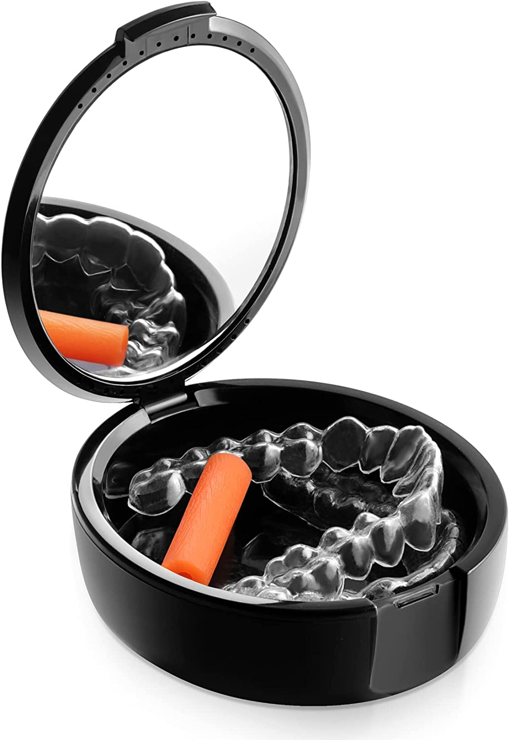 Orthodontic Retainer Case with Mirror, Mouthguard Case Small Retaniner Container Partial Denture Holder Case with Vent Holes for Night Guards, Aligner Trays - Black image number 2