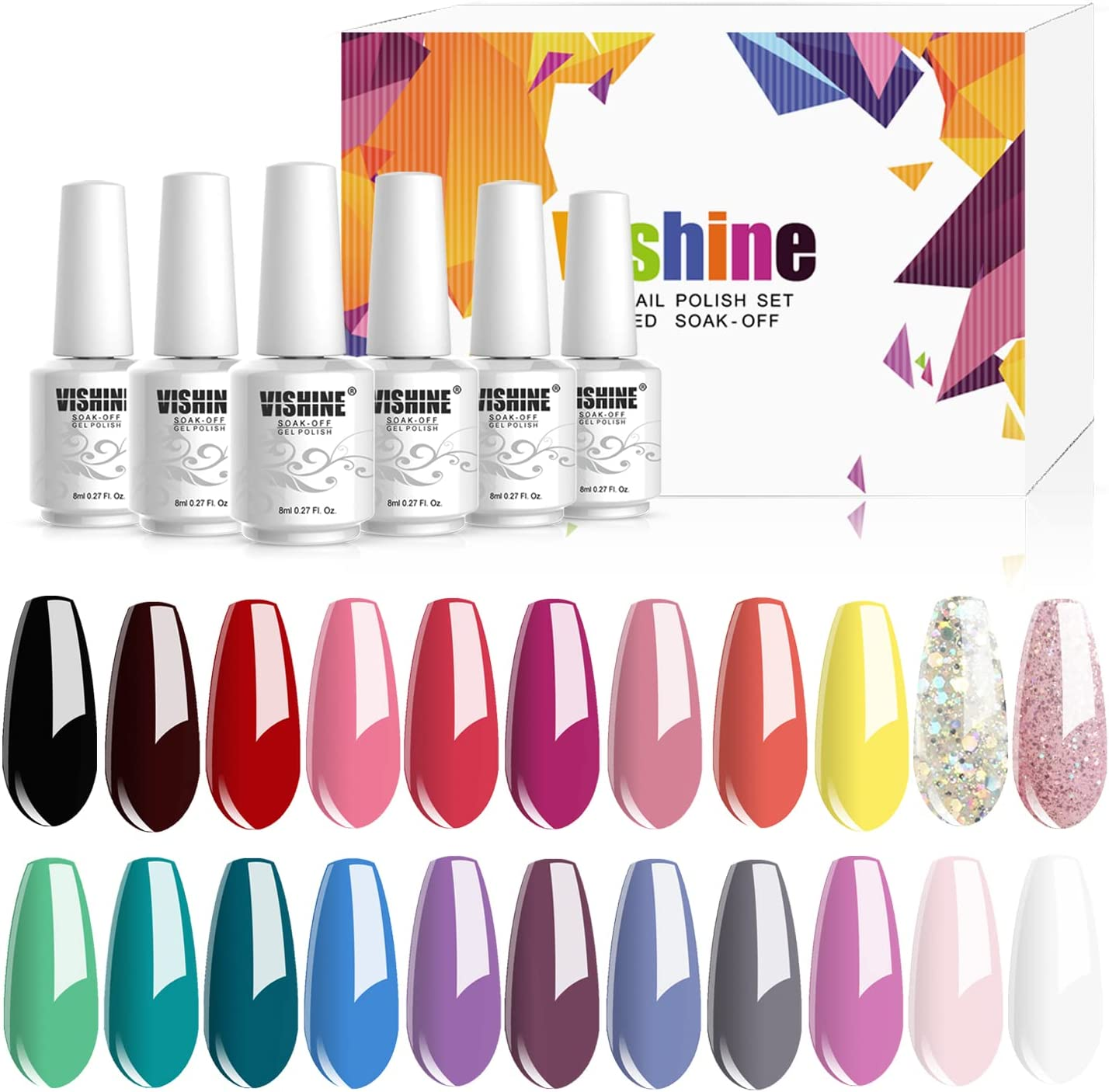 Vishine 24 PCS Soak off UV Led Gel Nail Polish Plain Range - 22 Color Gel Polish & No Wipe Base and Top Coat Starter Gel Nail - White image number 4