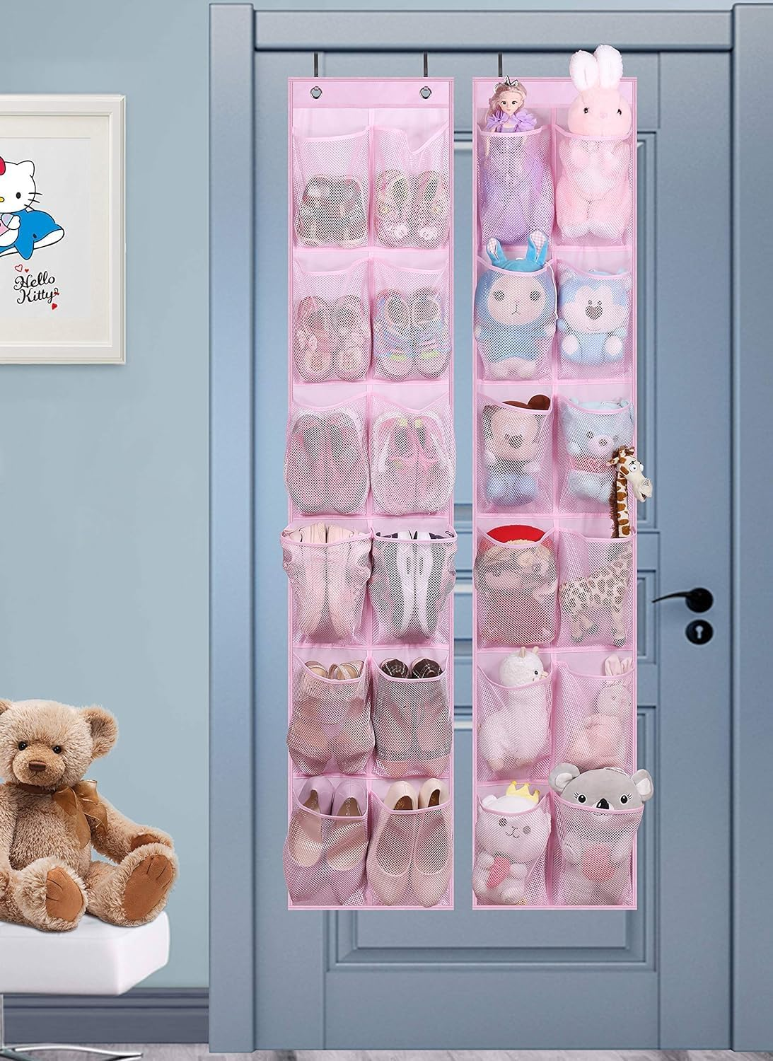 MISSLO Kids over the Door Shoe Organizer Baby Hanging Shoe Rack Narrow Closet Storage Bags with 12 Mesh Pockets for Girl Women Men Toddler Nursery, 2 Packs, Pink image number 6