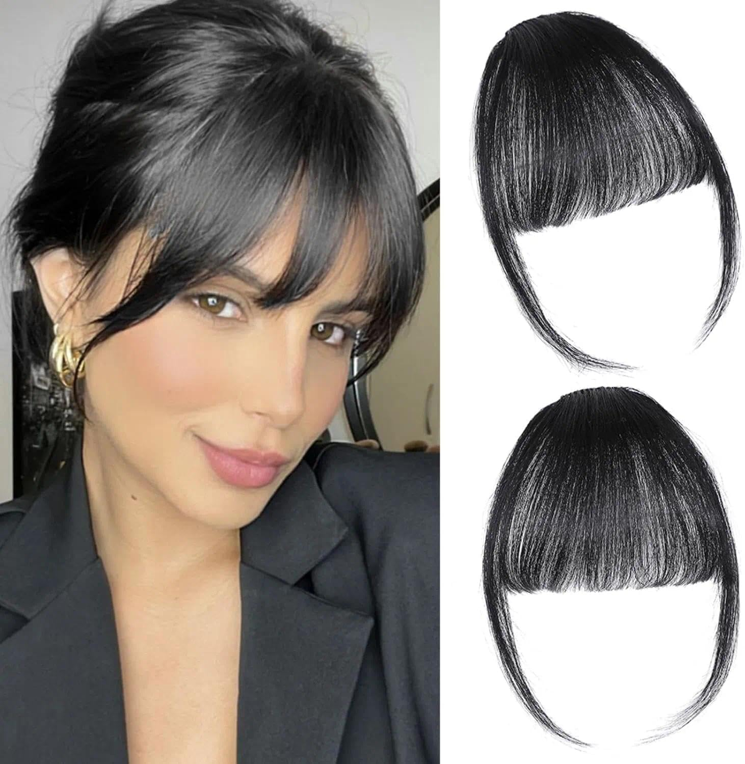Natural Black Human Hair Extensions Clip in Wigs for Women with Bangs - Soft, Comfortable, Dyeable, Wispy French Bangs, Invisible Clip, Breathable Mesh, Secure Hairpieces by Ruibex