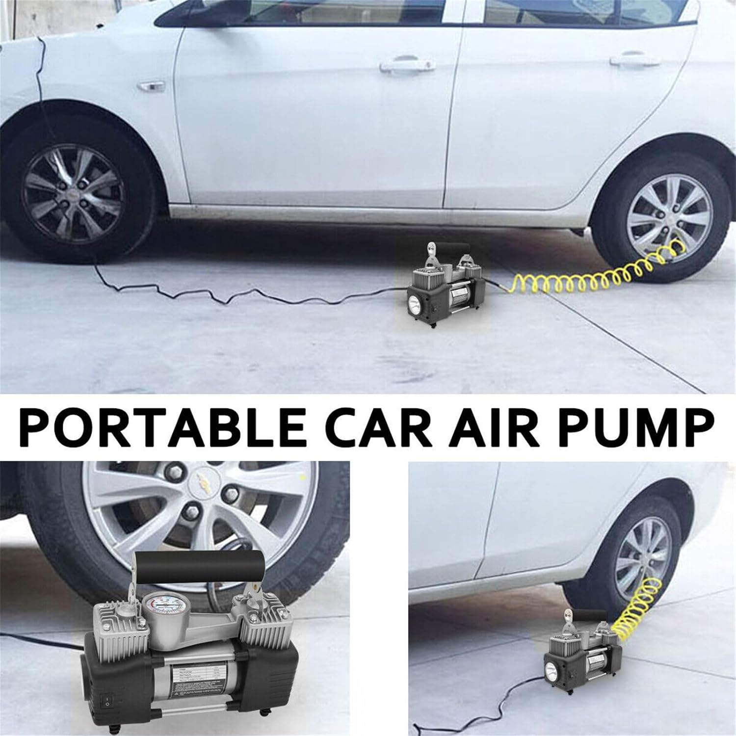 12V 150PSI Car Air Compressor Portable Tyre Deflator Inflator Pump for 4WD Car Truck with 3M Cable 3 Nozzle Adaptors Storage Box 1 Tire Repair Tool Set