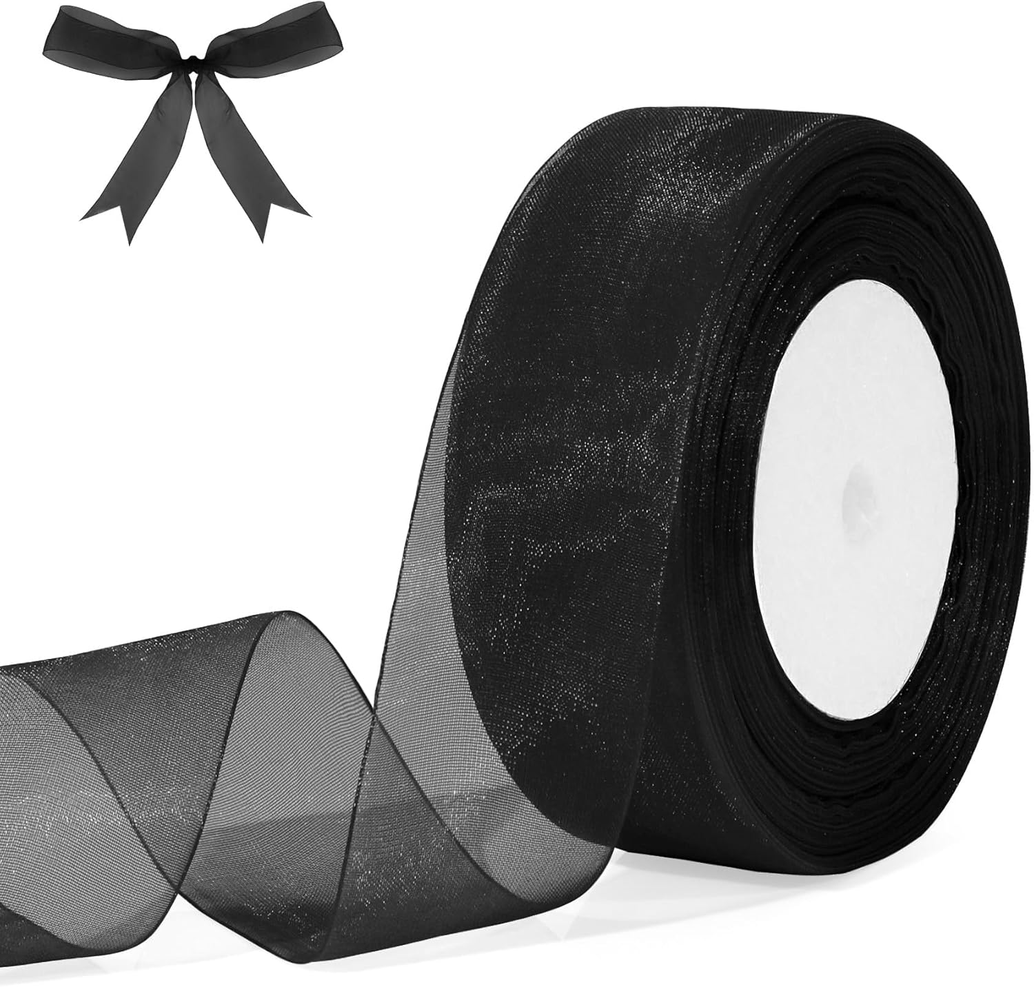 Black Organza Ribbon 1 1/2 Inch - 50 Yards Sheer Chiffon for Christmas, Gift Wrapping, Crafts, Flower Bouquets, Hair Bows - Royal Blue and Black Tulle Options image number 1