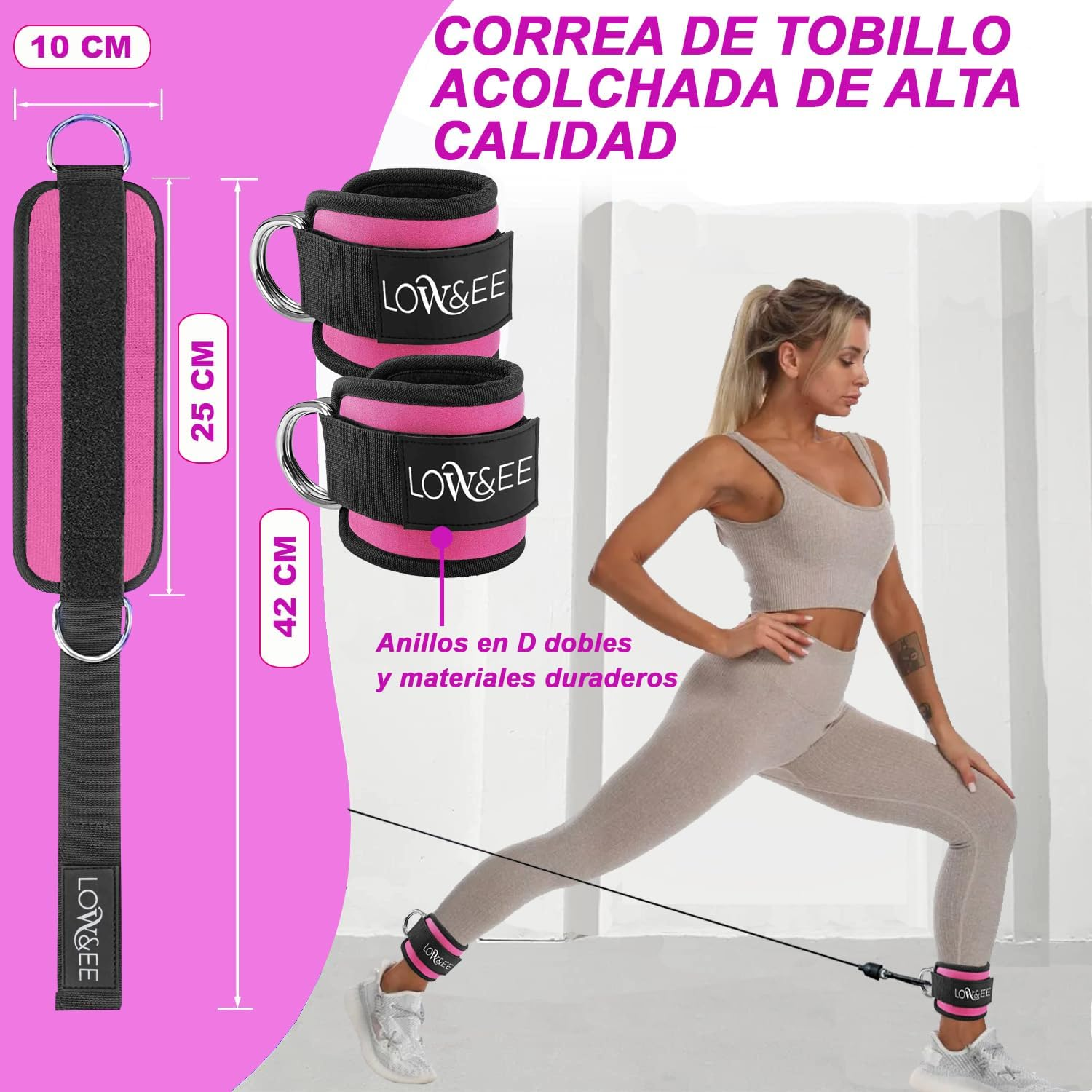 LOW&EE&reg; Pack of 2 Ankle Strap Pulleys Gym - Ankle Brace for Pulley Padded with Velcro for Women and Men - Gym Ankle Strap for Cable Machine Fitness and Gym image number 4