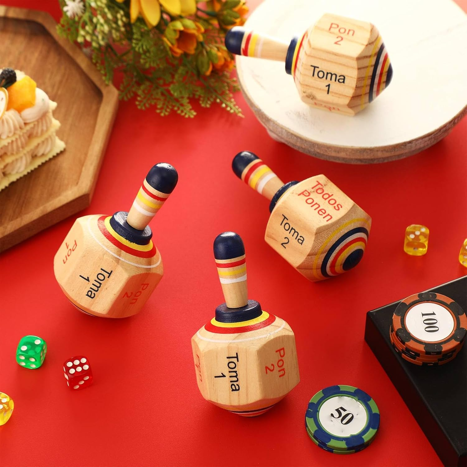 Poen 5 Pieces Large Wooden Toma Todo Bulk, 4.5 Inch Classic Mexican Wood Spinning Top Game for Kids and Adults, Pirinola Toma Todo Party Games for Mexican Fiesta Party Cinco De Mayo Family Game image number 4