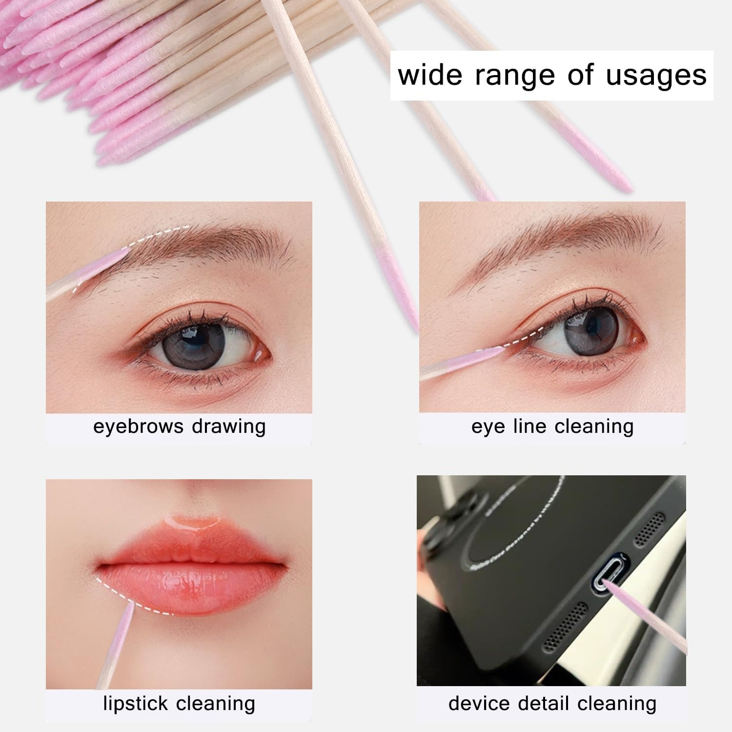 Fspronail 200Pcs Pointed Tip Cotton Swabs, Pink Double-Head Precision Microblading Cotton Swabs with Wooden Sticks Nail Polish Remover Pen Touch up Disposable Makeup Applicators Beauty Tools image number 4