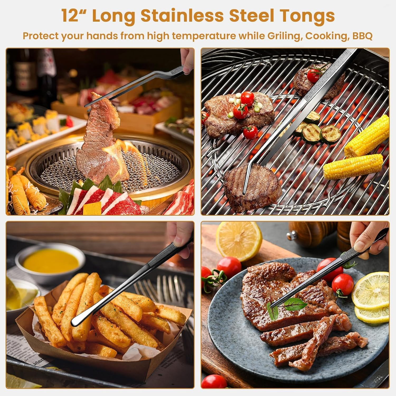 GEEKHOM Cooking Tweezers, [4 Pack] 12 Inch Fine Long Food Tongs Stainless Steel Kitchen Tongs Professional Cooking Tongs for Barbecue, Baking, Roasting, Dessert Decoration, Steak, Salad, Black image number 3