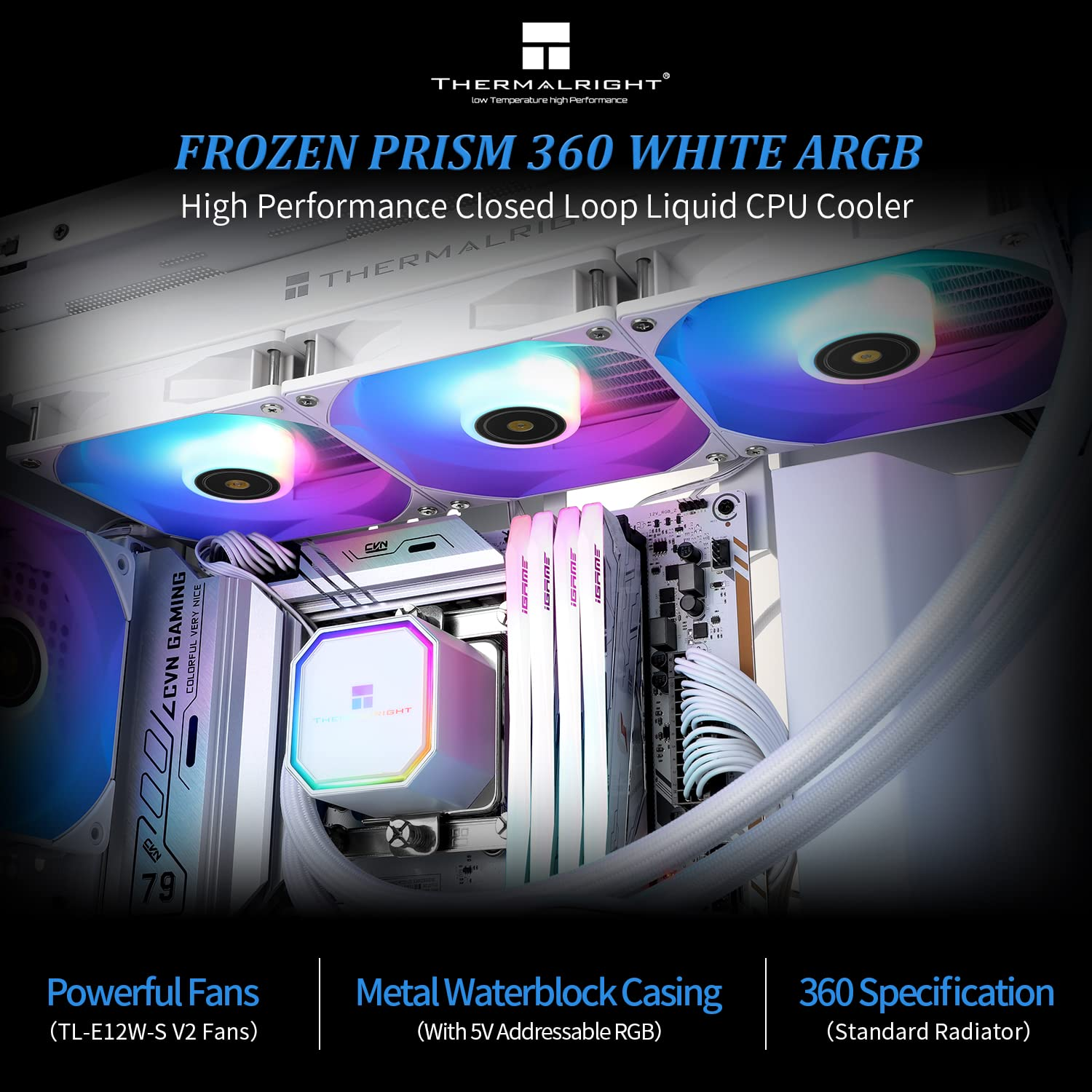 Thermalright Frozen Prism 360 White ARGB CPU Water Cooler with Dual PWM Fans, Water Pump Speed Is 3300RPM,S-FDB Bearing, for AMD Am4/Am5,Intel Lga1150/1151/1200/1700/2011(White ARGB) image number 1
