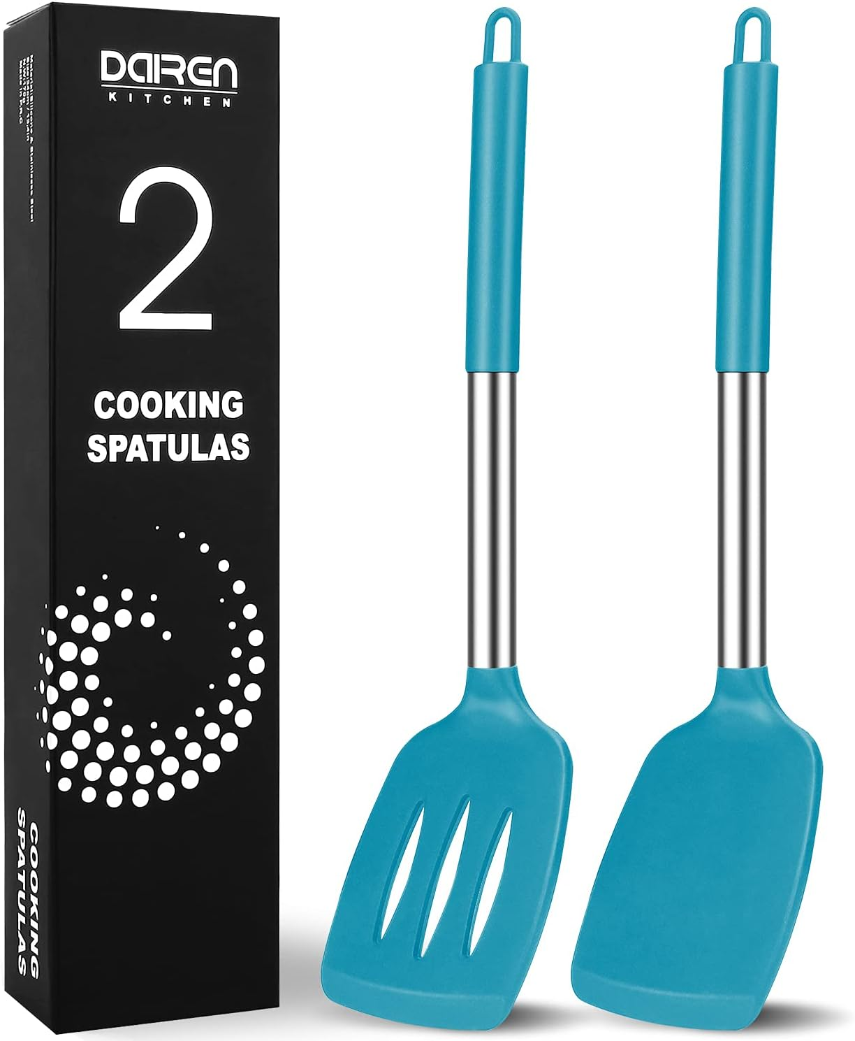 2 Pack Silicone Spatulas Turners, Stainless Steel Cooking Utensils BPA Free,Heat Resistant,Non Stick,Rubber Spatulas for Fish, Eggs, Pancakes, WOK, Black