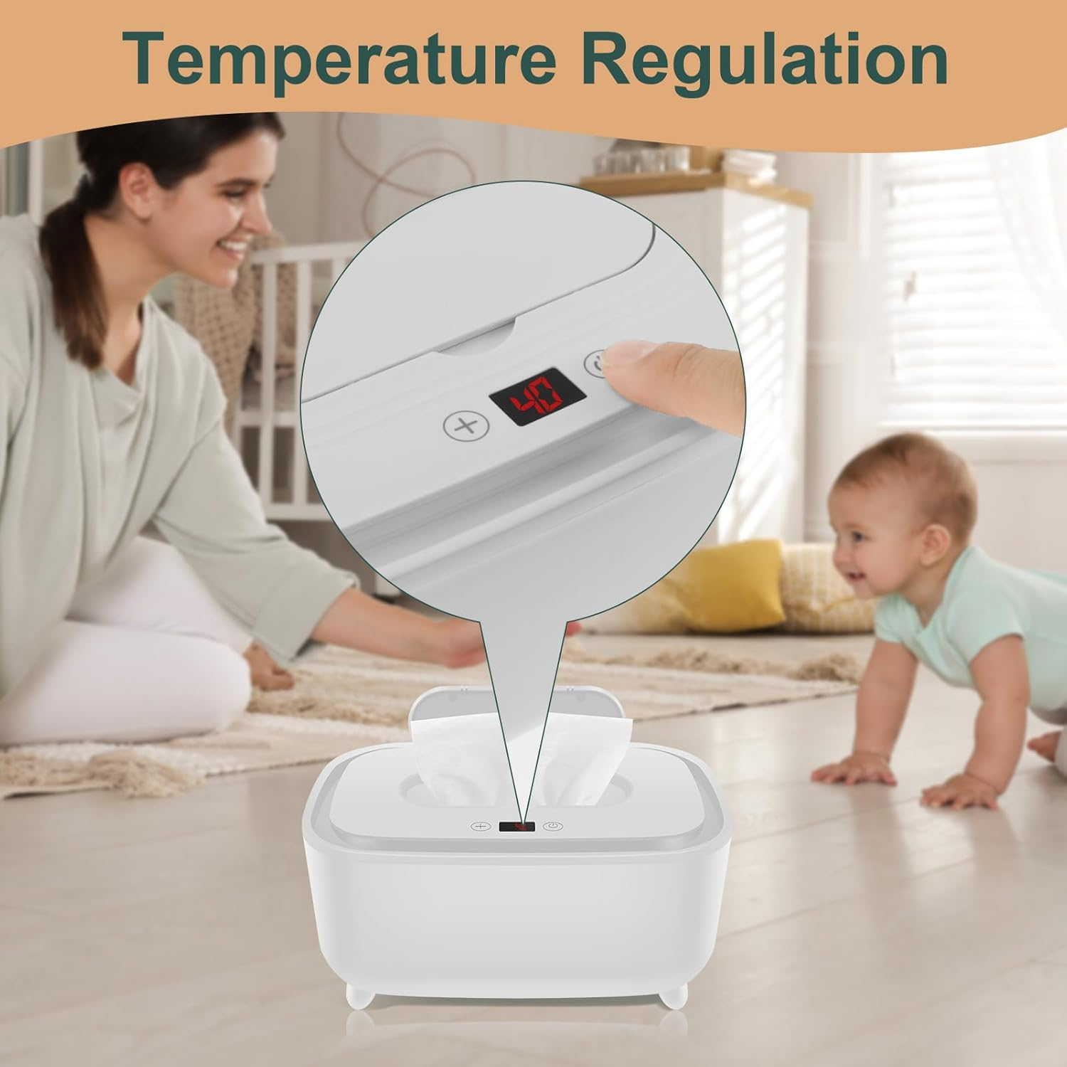 Baby Wipe Warmer, Large Capacity Wipe Dispenser Warmer Intelligent Adjustable Temperature Infant Wipes Heater Top Heating Bottom Moisturizing Wipe Warmer for Babies Infants (White) image number 1