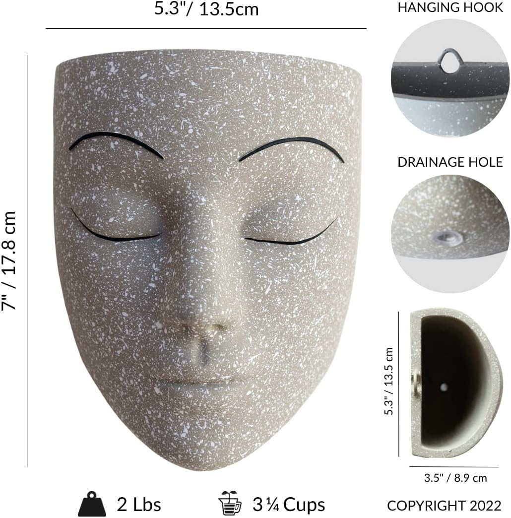 Bossa Linda Wall Planter | 7 Colors Avail | Unique Face Planters Pots Head Planter - Plant Gifts for Indoor Plant Lovers Gift Ideas - Face Planter Gifts for Plant Lovers, Succulent Plant Gift - Beige - Grey image number 6