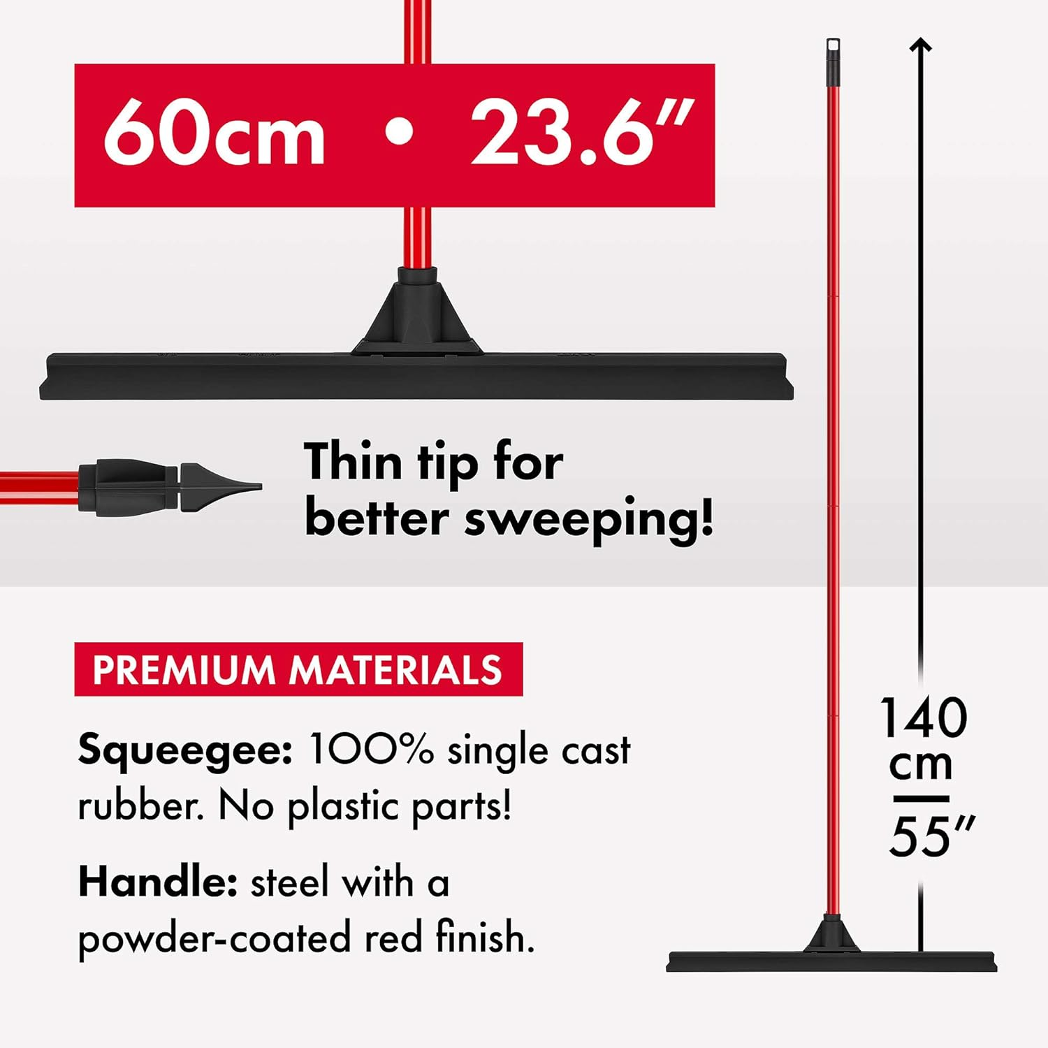 Tyroler Bright Tools Floor Cleaner Squeegee Extra-Wide 60 Cm, Solid 100% Natural Rubber, Long 4 Parts Handle 140 Cm - Dries Flat & Curved Surfaces- Best for Washing,Drying,Bathroom,Wet Room,Floor image number 4