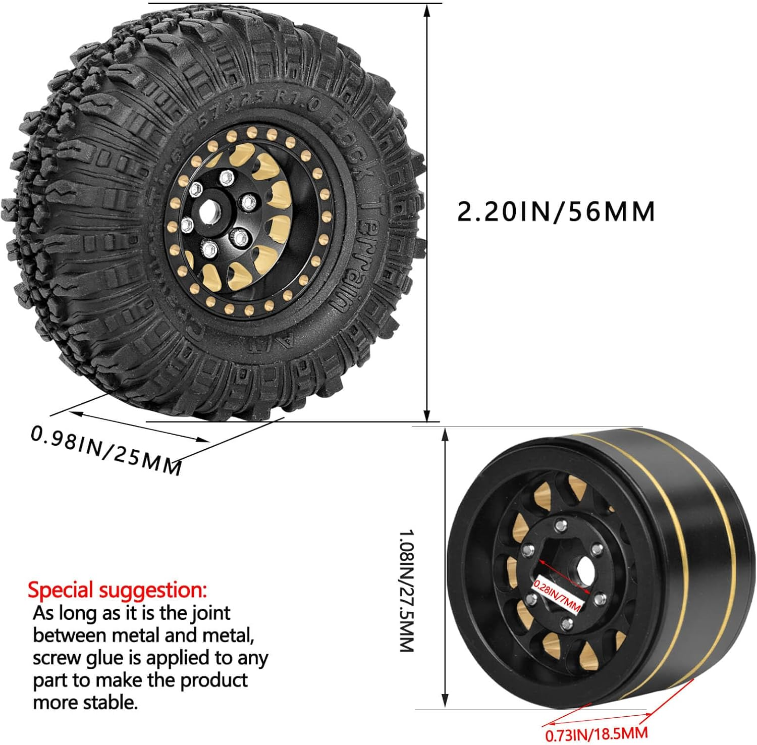 Full Brass 1.0In Beadlock RC Truck Tires Wheel Tires Upgrades Part for 1/18 1/24 Trx4M Axial SCX24 FMS FCX24 RC Crawler,Rc Wheels Hops Up(4Pcs Black) image number 2