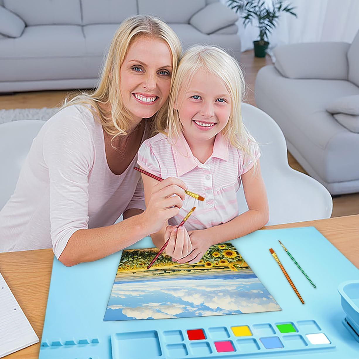 YBVABE Silicone Art Mat, 51 X 41Cm - Paint Mat with Scrubber Cup & 14 Color Dividers, for Art, Painting, Clay & DIY Creations, Blue image number 1