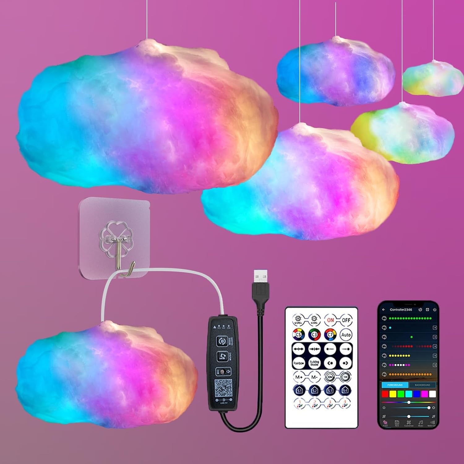 Lichaser RGB Cloud Led Lights with 2.4G Remote and Bluetooth APP - Color Changing Rainbow, Lightning Effects - Cool LED Lights for Wall, Room, Home, Bedroom Decor (2 Pack) image number 1