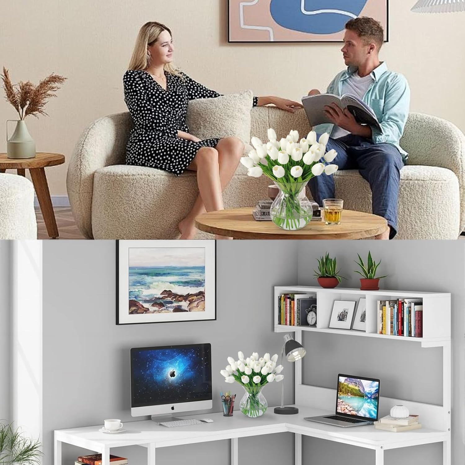 Tulips Artificial Flowers 24Pcs Faux Silk Tulip Real Touch Tulip Fake Flowers Bouquets Arrangements for Easter Spring Flowers Valentine&rsquo;S Day Mother'S Day Flower Gifts Home Table Decor (White) image number 5