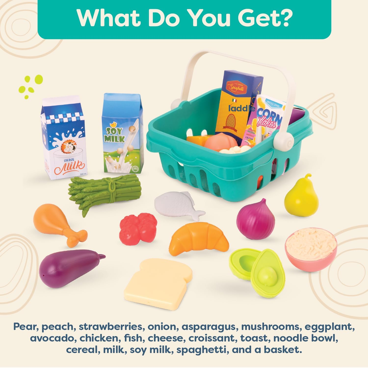 B. Toys &ndash; Play Food & Basket &ndash; 18 Pieces of Toy Food &ndash; Grocery, Cooking, Play Kitchen Toys &ndash; Pretend Play Set for Toddlers, Kids &ndash; 2+ Years &ndash; Freshly Picked image number 1