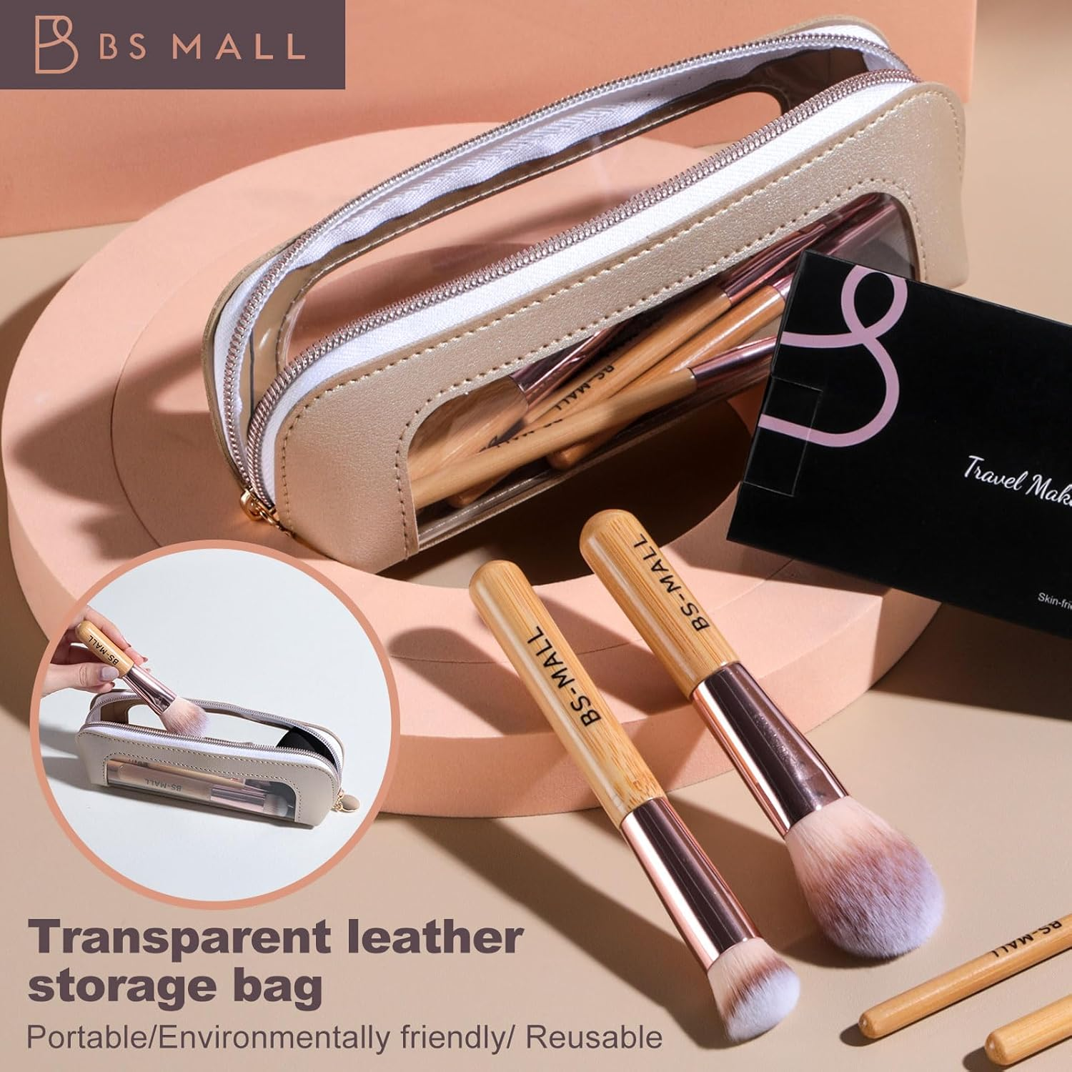 BS-MALL 14 Pcs Makeup Brushes Set with 1 Pcs Makeup Sponge &ndash; Essential Foundation Powder Concealers, Eye Shadows, Blush Makeup Brushes with Travel Makeup Case (Bamboo) - Beige image number 5