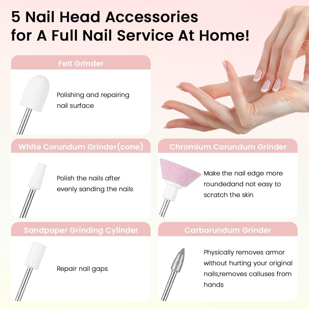 BUTBU Electric Nail Files, 6 in 1 Professional Electric-Nail Drill Machine, Adjustable Speed 20000 RPM Manicure Pedicure Set with 5 Drill Bits, for Nails Gel Polish, Hard Skin Removal image number 4