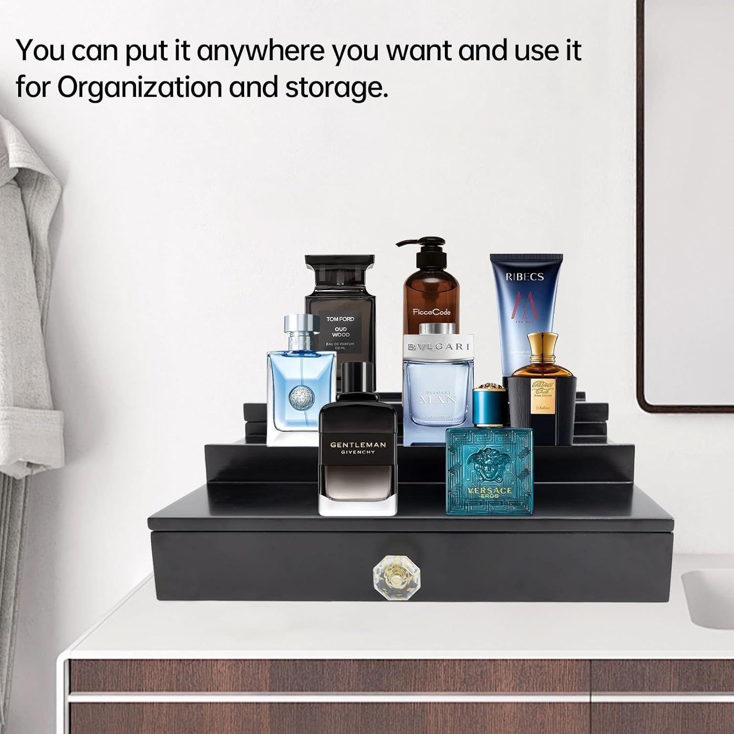 Cologne Organizer for Men, 3 Tier Mens Perfume Stand with Drawer Cologne Tray - Wooden Cologne Stand Perfume Dresser Organizer Display Risers Great Gift Choice for Men-Black