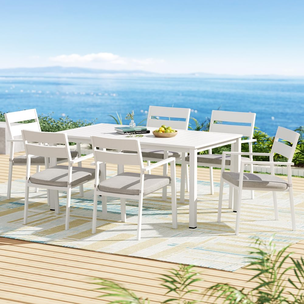Gardeon 7 Pcs Outdoor Dining Set, Aluminium Garden Setting Table and Chairs, 6 Seater Patio Conversation Sets Extendable Tables Furniture Backyard, Weather-Resistant White with 6 Foam Cushions image number 3