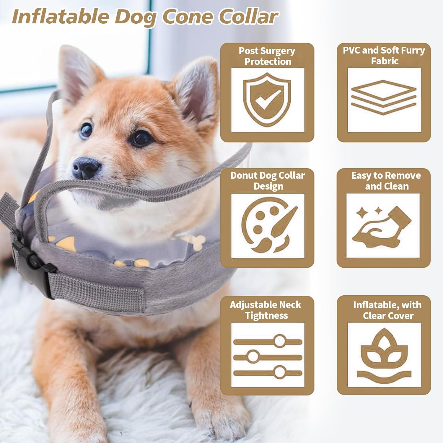 Inflatable Dog Cone Collar - Soft & Comfortable Collar for Small/Medium Dogs, Adjustable Donut Collar to Prevent Licking Wounds & Stitches, Cute Pattern Pet Surgery Protection (Grey, S) image number 6