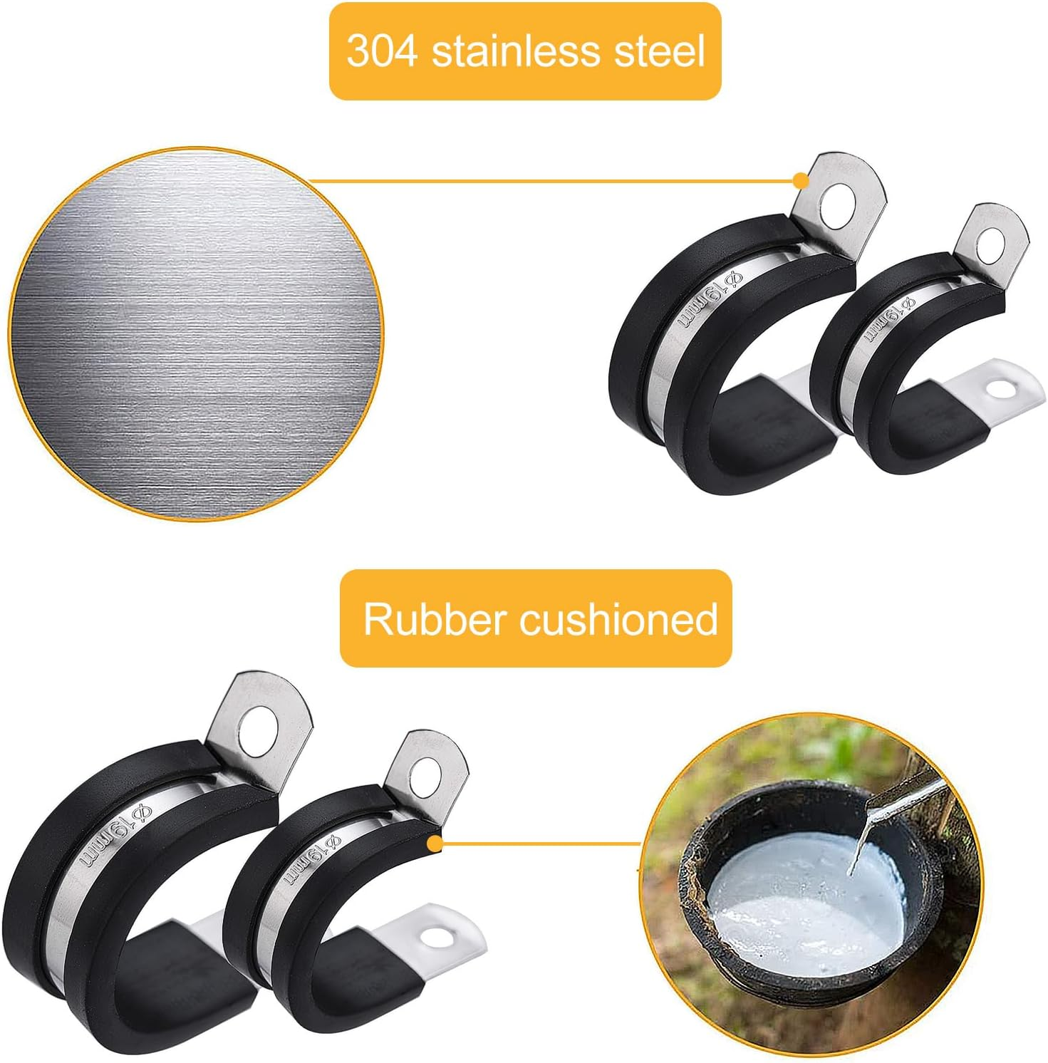 52Pcs P Clips Hose Clamp Cable Clamps Assortment Kit, 304 Stainless Steel Rubber Cushion Pipe Clamps in 6 Sizes 1/4" 5/16" 3/8" 1/2" 5/8" 3/4" (BLACK) - Red image number 2