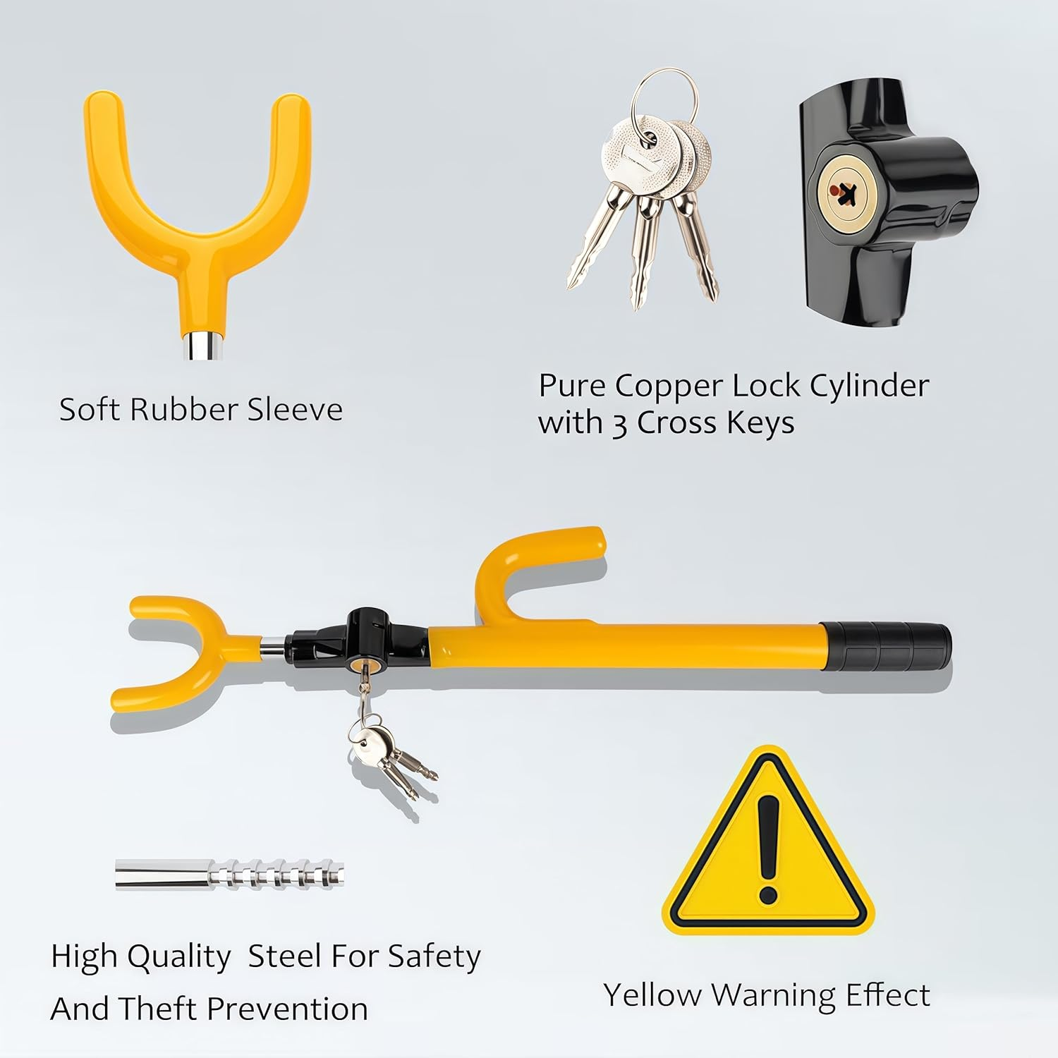 Heavy Duty Steering Wheel Lock, anti Theft Adjustable Length Car Security Lock with Key, U-Shaped Hooks Heavy Duty anti Theft Car Lock for Car Truck SUV Pickup (Yellow) image number 3