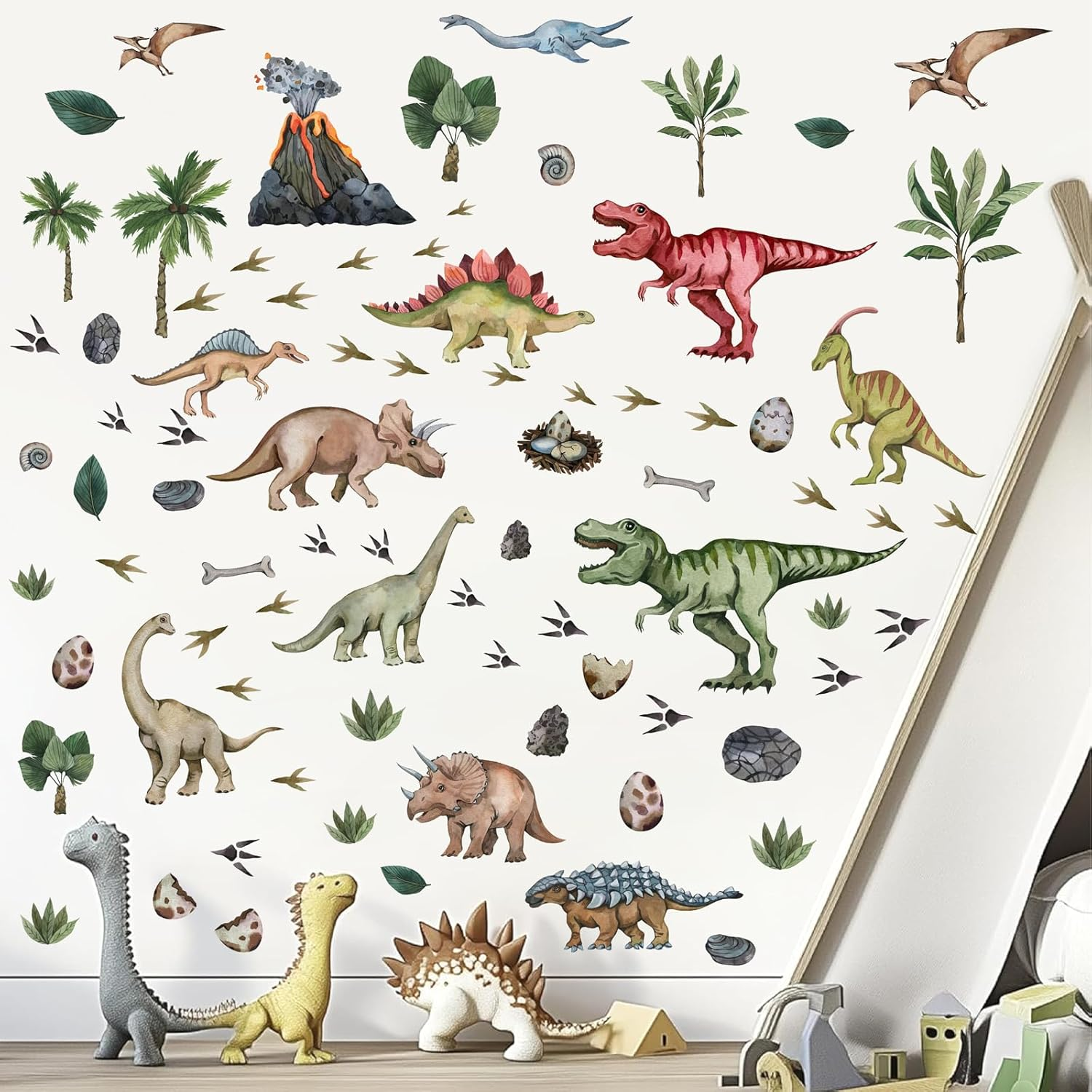 Barri Design Large Watercolor Dinosaur Wall Decals Creative Animal Dino Peel and Stick Mountain Forest Big Dinosaur Stickers for Boys Room Kids Bedroom Toddler Classroom Nursery Decor
